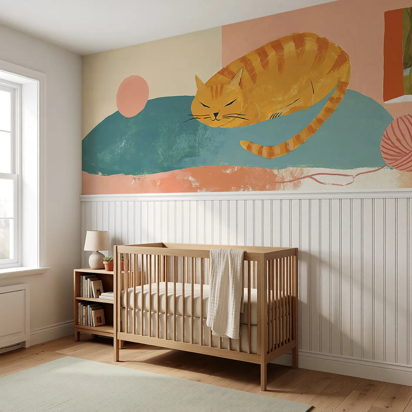 Flat Cat Nap Cushion Wainscoting Wallpaper styled in a kids bedroom by Whimsy Tots