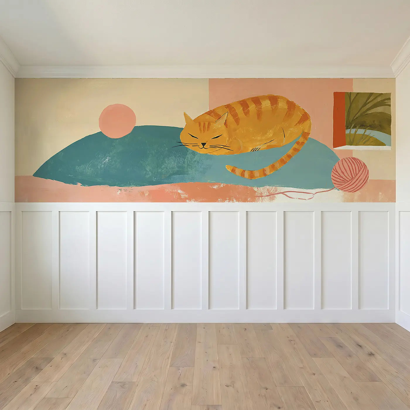 Full panel view of Flat Cat Nap Cushion Wainscoting Wallpaper by Whimsy Tots