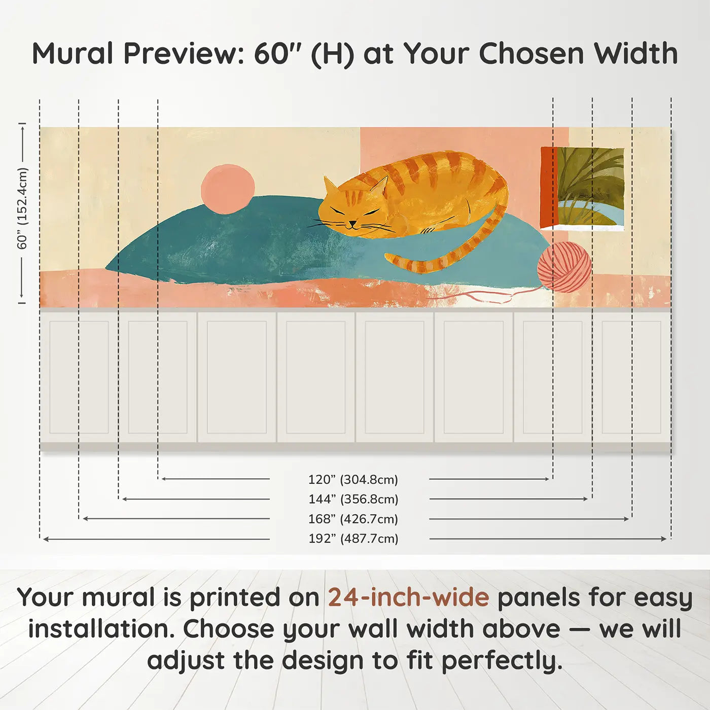 Panel dimensions for Flat Cat Nap Cushion Wainscoting Wallpaper by Whimsy Tots