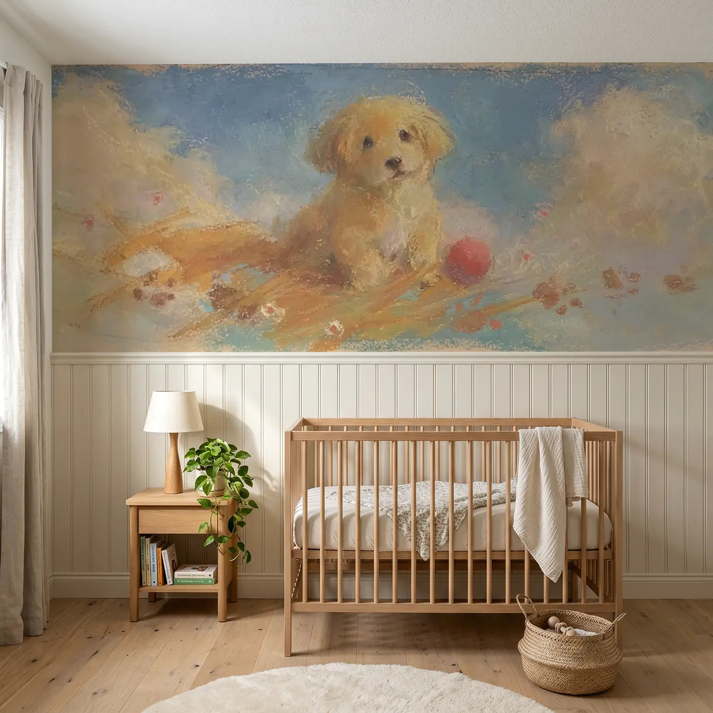 Soft Pastel puppy paw print chalk wainscoting wallpaper for nursery by Whimsy Tots