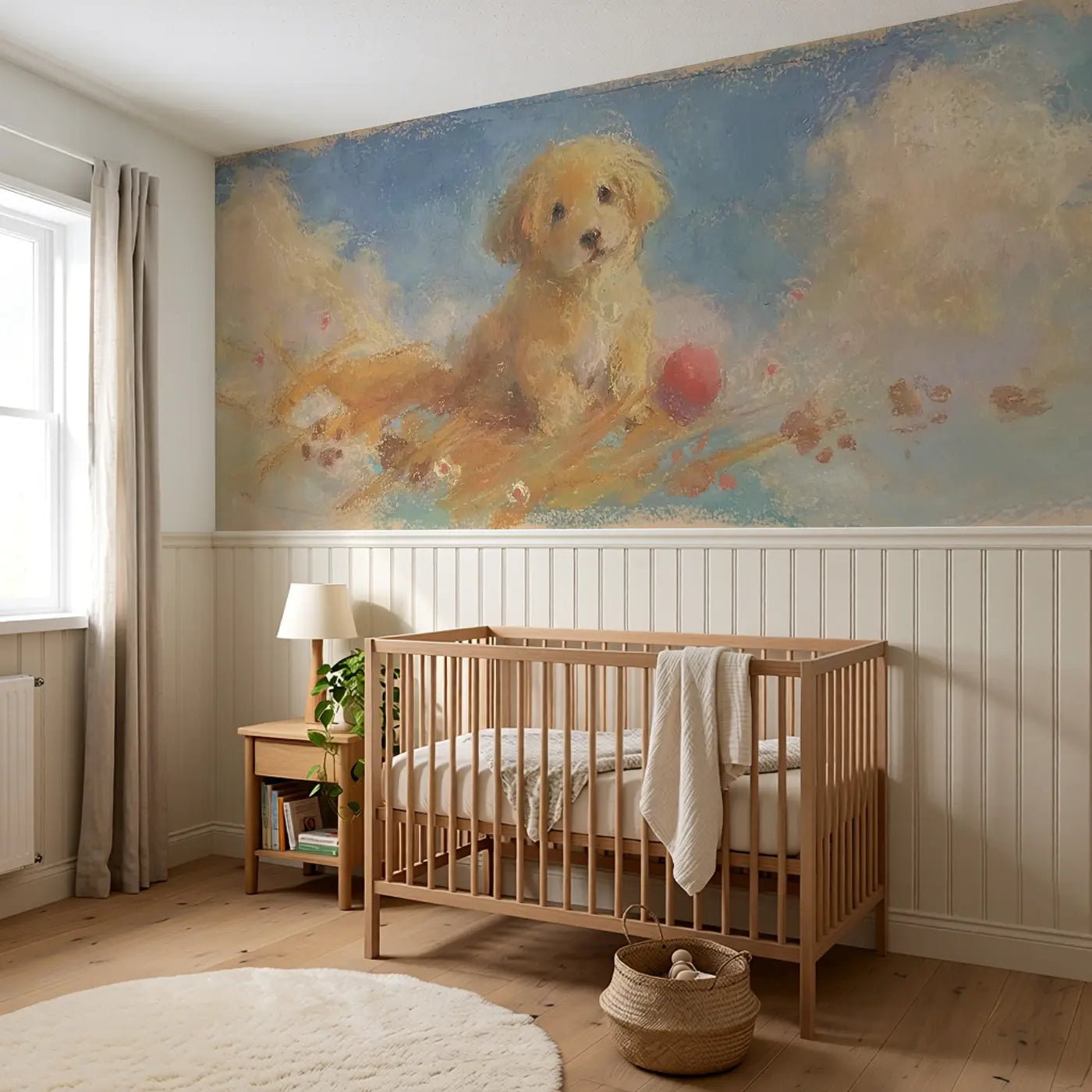 Chalk Puppy Paw Print Soft Wainscoting Wallpaper styled in a kids bedroom by Whimsy Tots