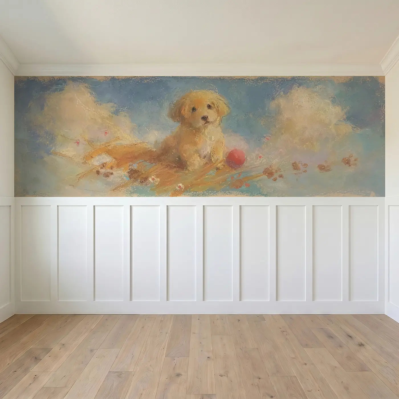 Full panel view of Chalk Puppy Paw Print Soft Wainscoting Wallpaper by Whimsy Tots