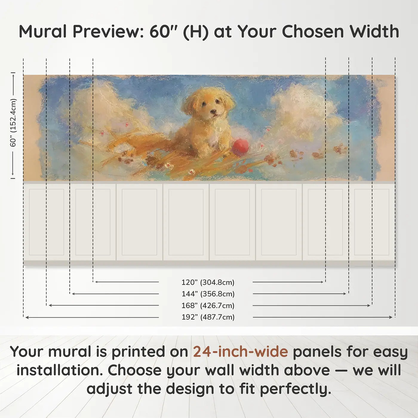 Panel dimensions for Chalk Puppy Paw Print Soft Wainscoting Wallpaper by Whimsy Tots