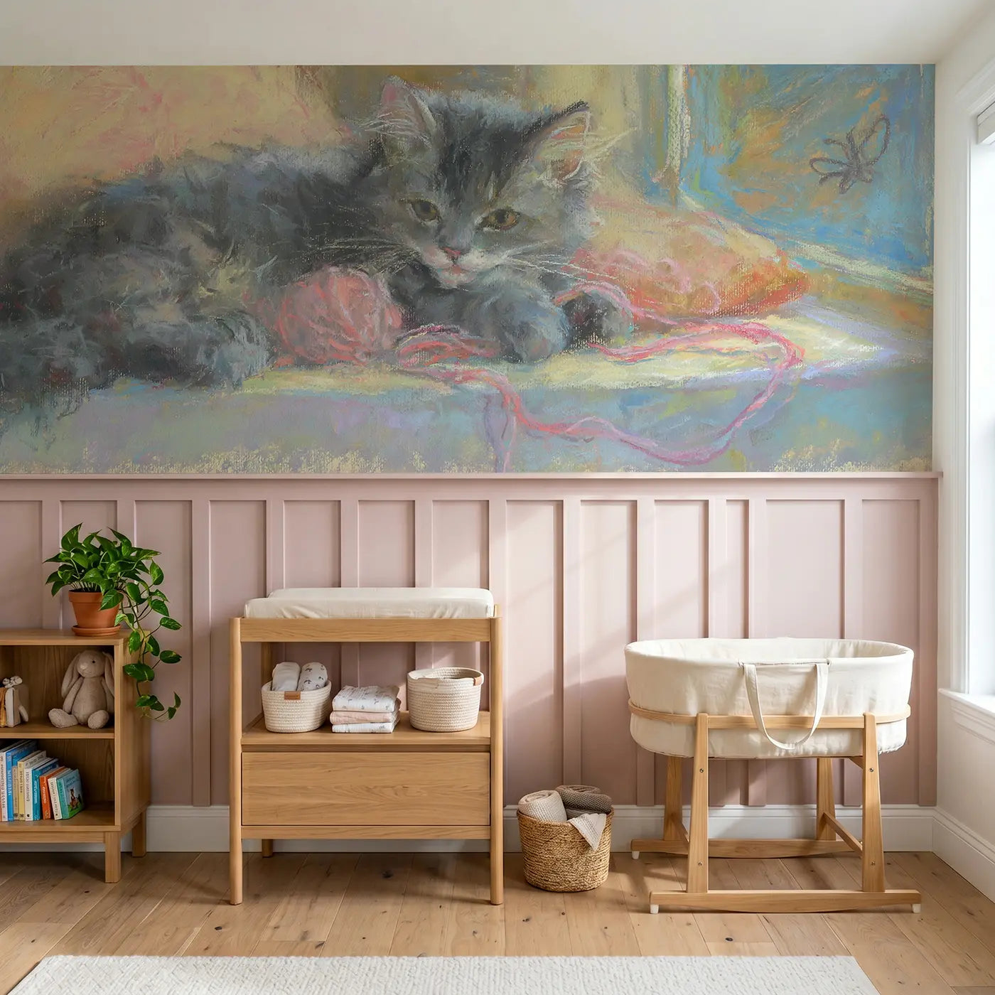 Soft Pastel kitten yarn curl wainscoting wallpaper for nursery by Whimsy Tots