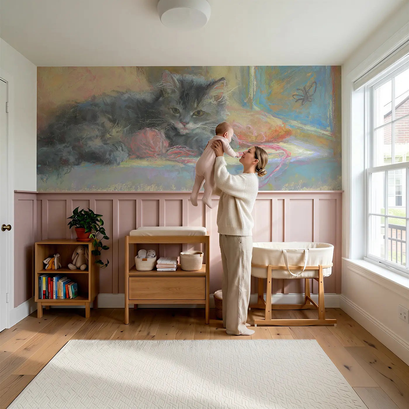 Child reading near Pastel Kitten Yarn Curl Wainscoting Wallpaper by Whimsy Tots