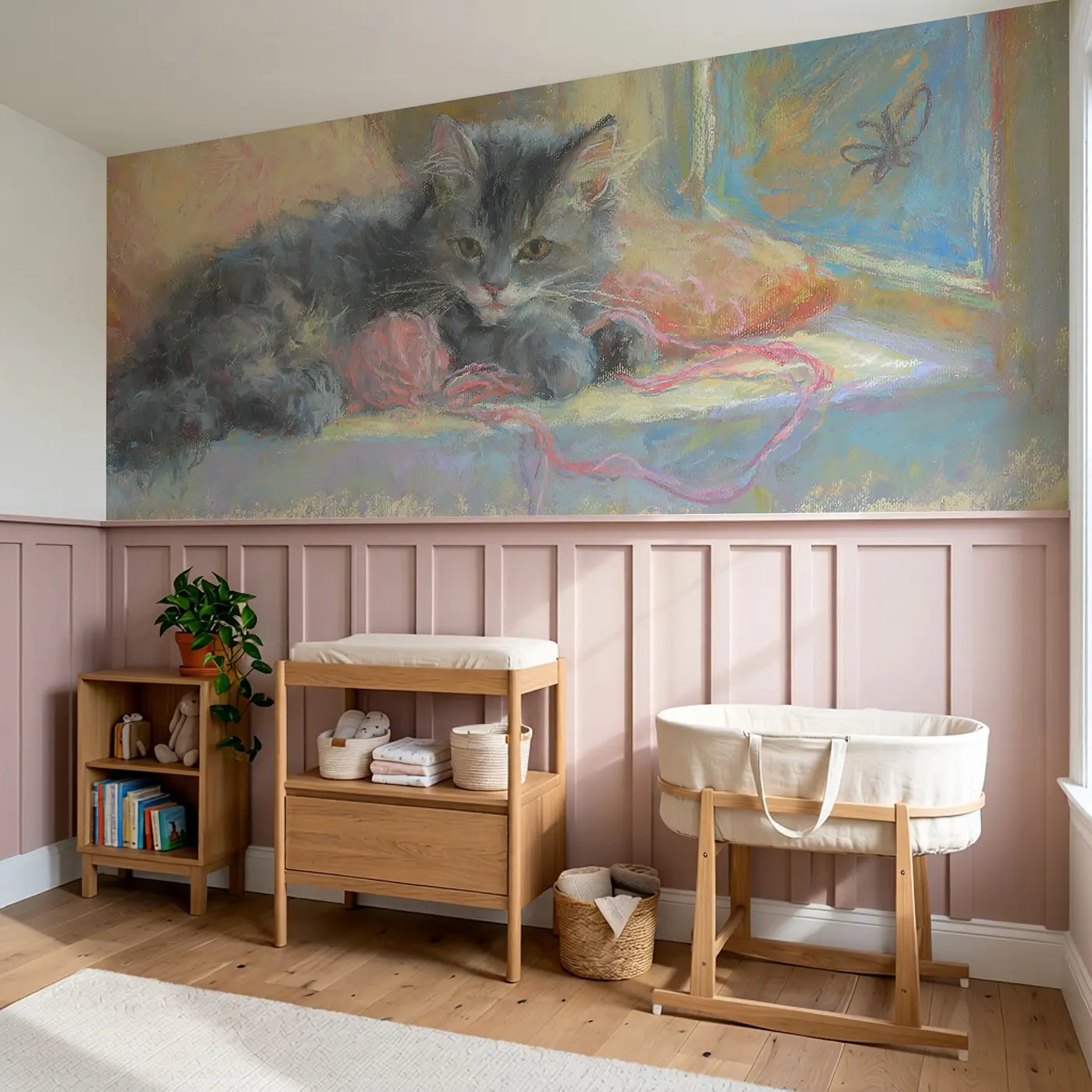 Pastel Kitten Yarn Curl Wainscoting Wallpaper styled in a kids bedroom by Whimsy Tots