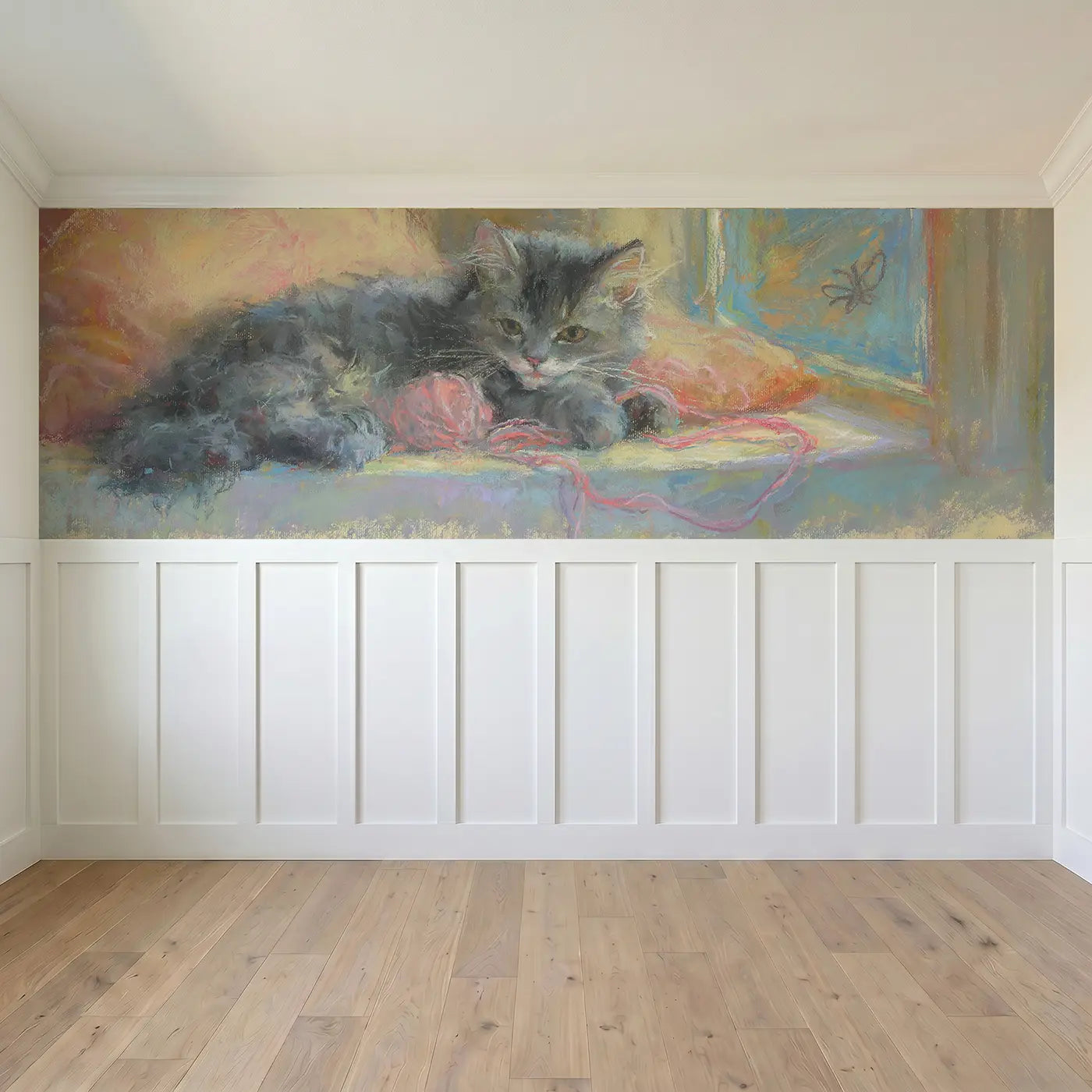 Full panel view of Pastel Kitten Yarn Curl Wainscoting Wallpaper by Whimsy Tots
