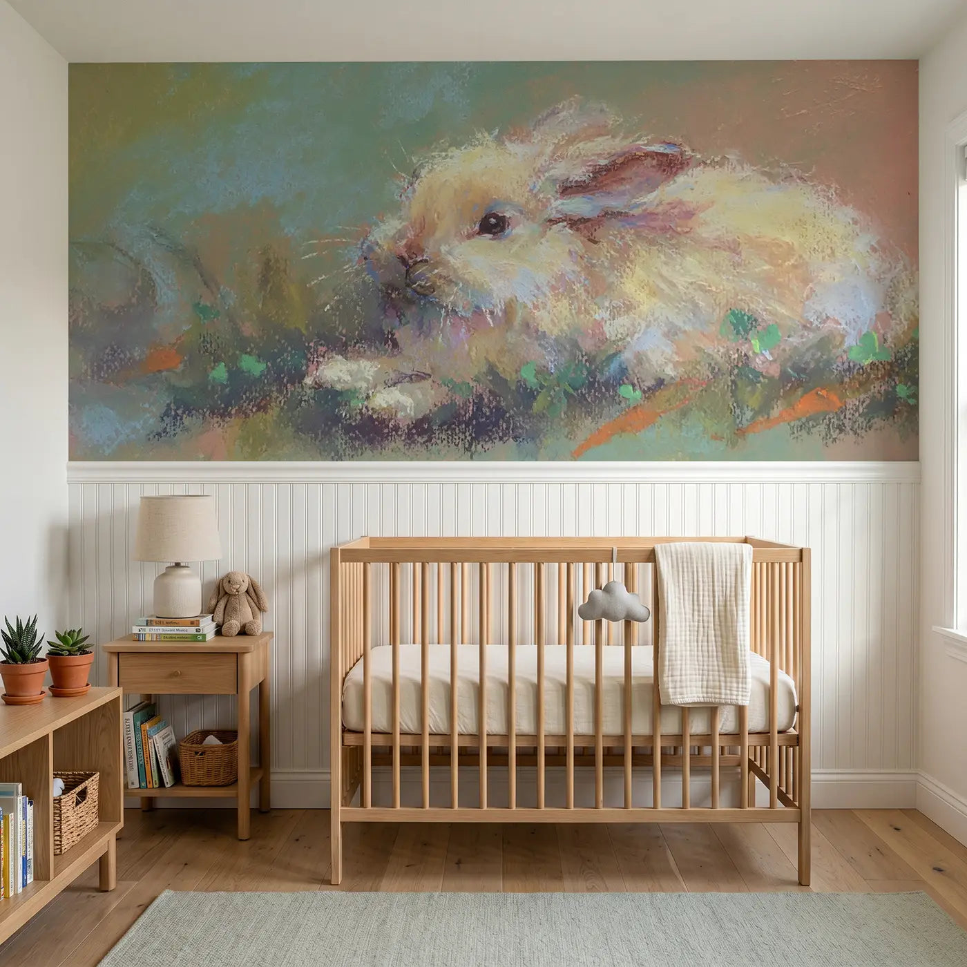 Soft Pastel bunny garden hop chalk wainscoting wallpaper for nursery by Whimsy Tots