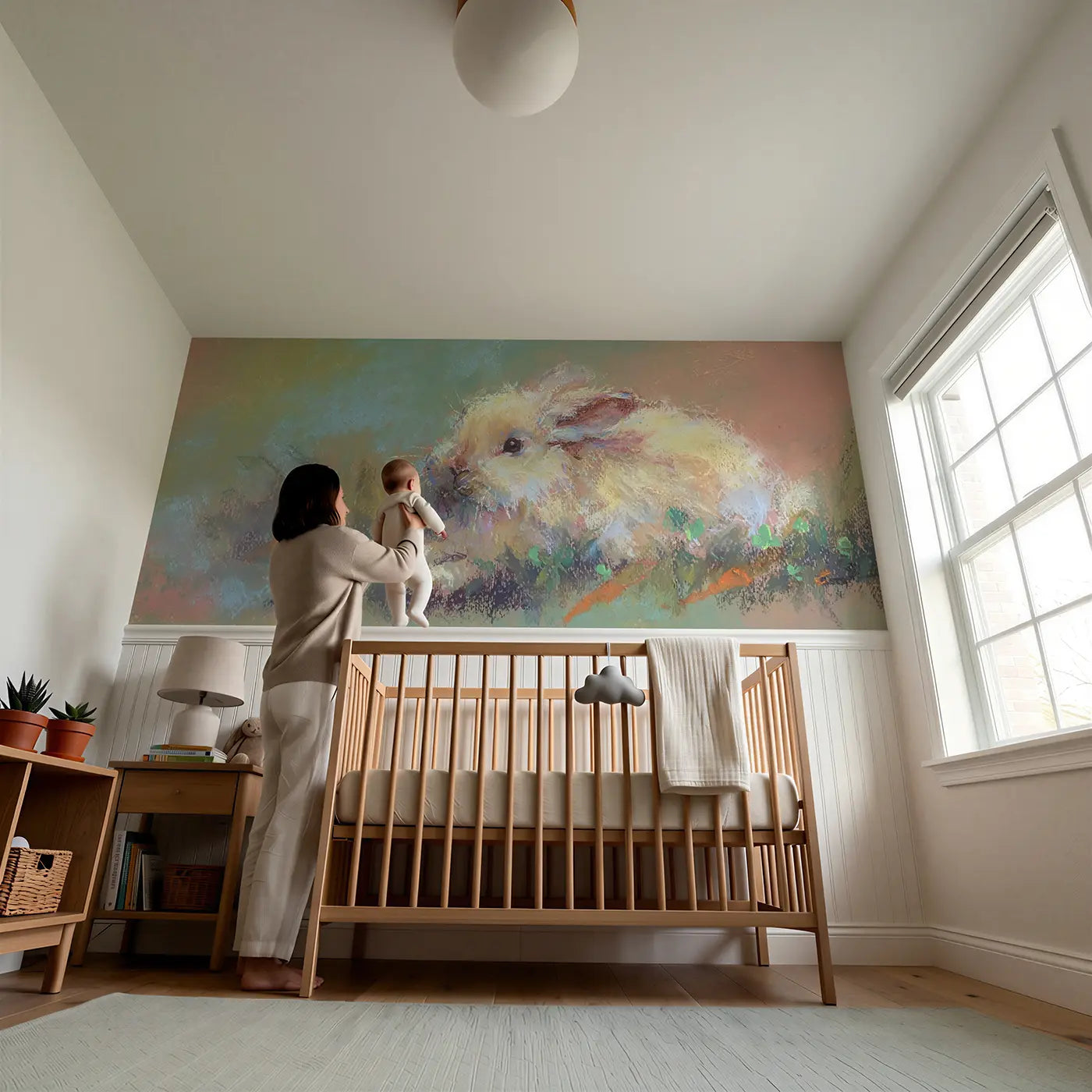 Child reading near Chalk Bunny Garden Hop Wainscoting Wallpaper by Whimsy Tots