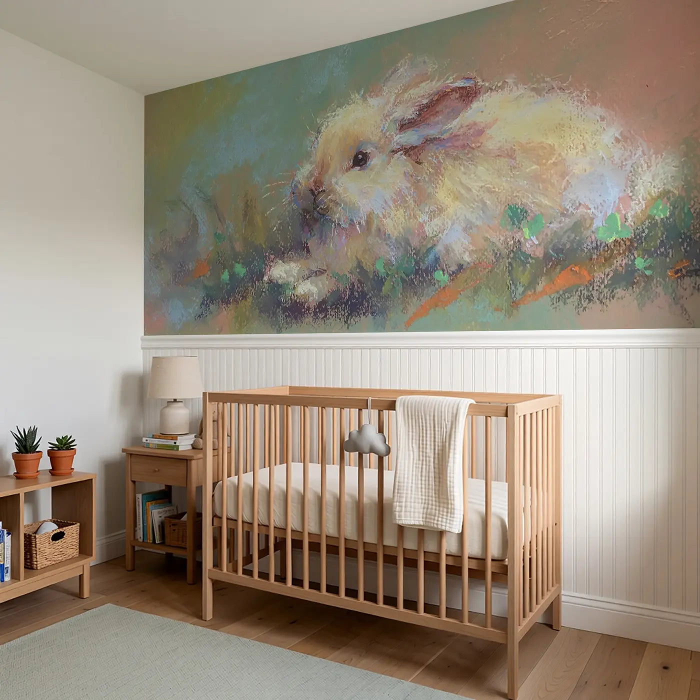 Chalk Bunny Garden Hop Wainscoting Wallpaper styled in a kids bedroom by Whimsy Tots