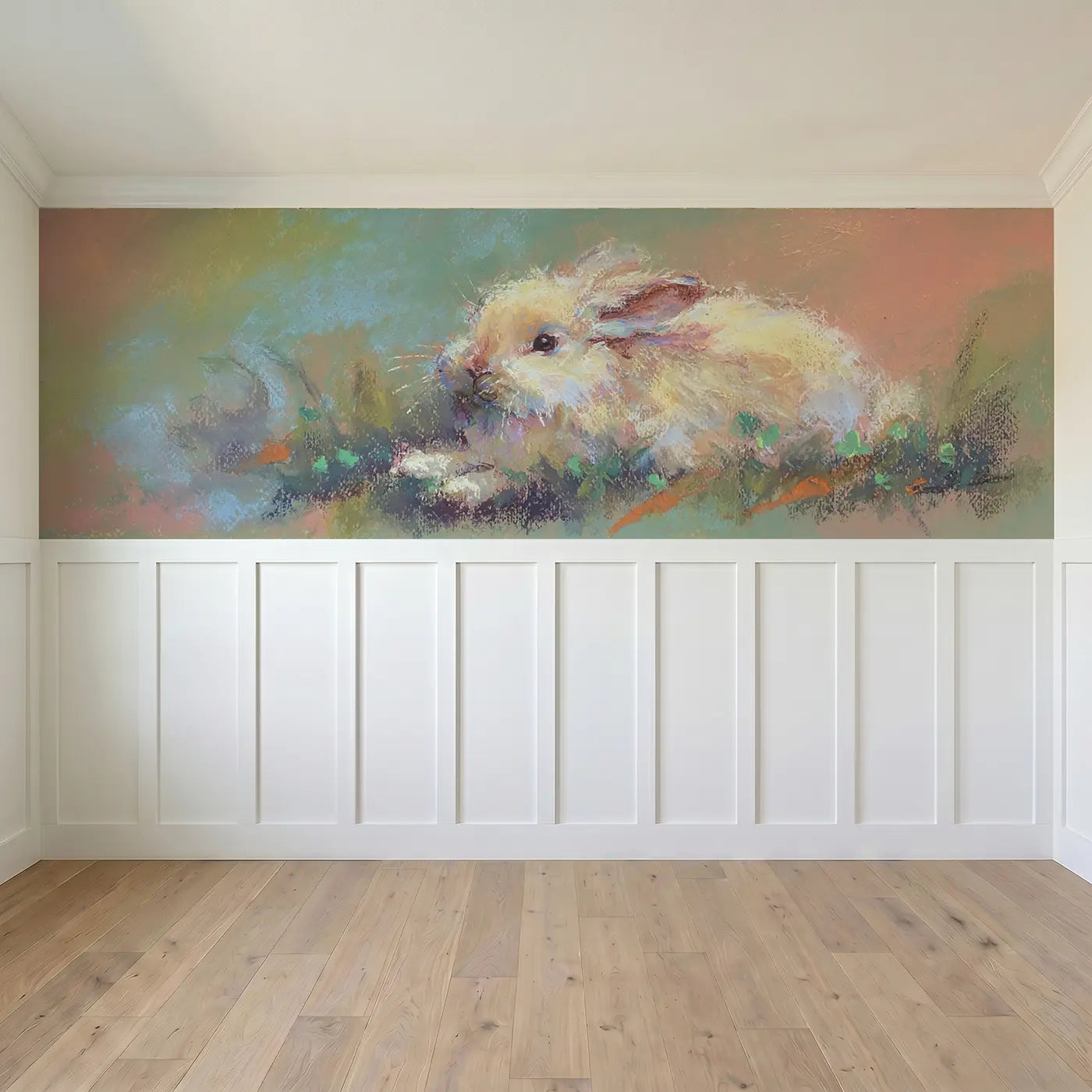 Full panel view of Chalk Bunny Garden Hop Wainscoting Wallpaper by Whimsy Tots