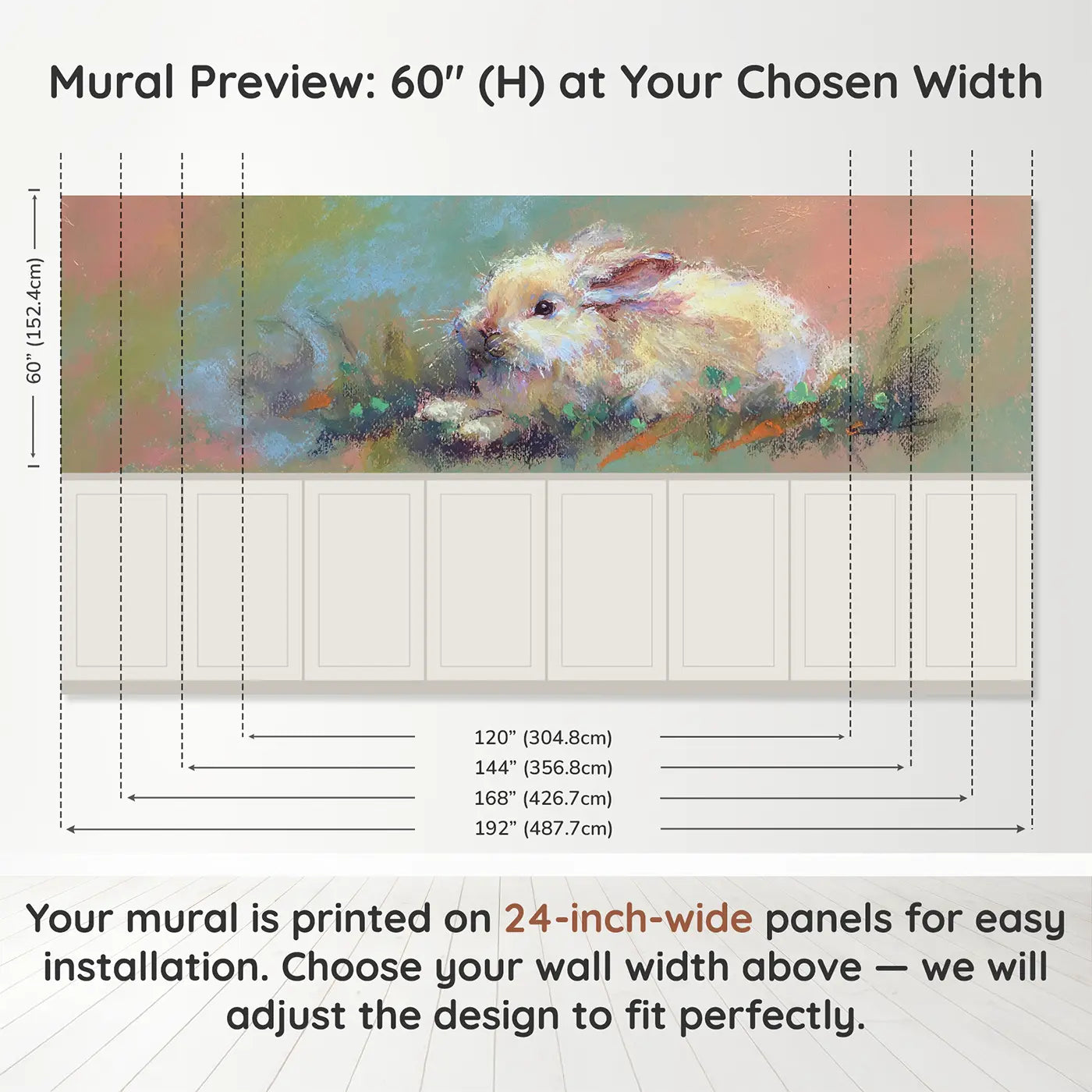 Panel dimensions for Chalk Bunny Garden Hop Wainscoting Wallpaper by Whimsy Tots