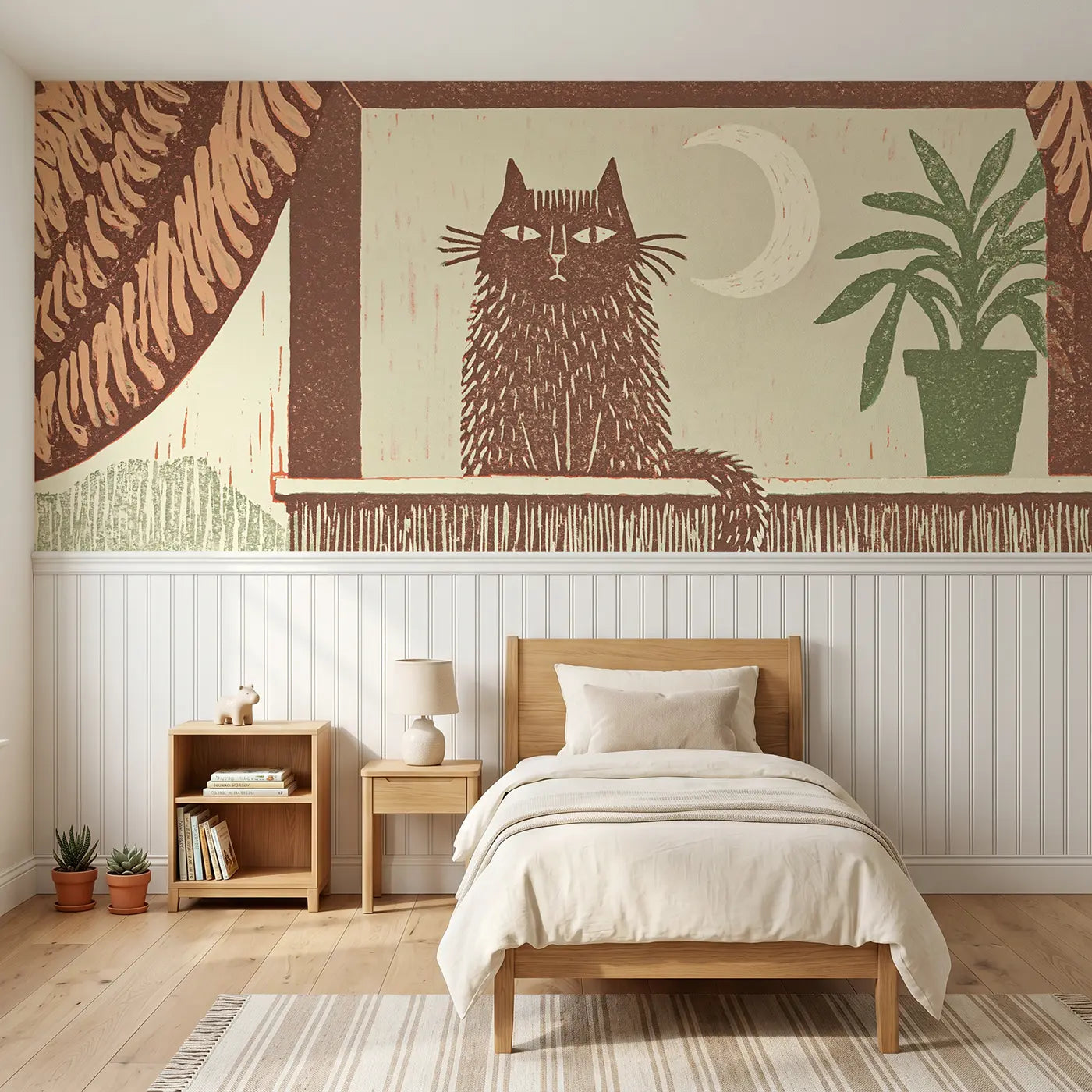 Block Print carved cat window silhouette wainscoting wallpaper for bedroom by Whimsy Tots