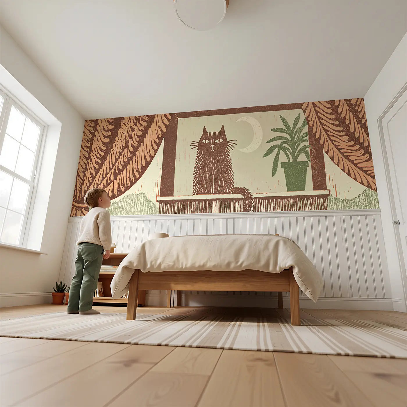 Child reading near Carved Cat Window Silhouette Wainscoting Wallpaper by Whimsy Tots