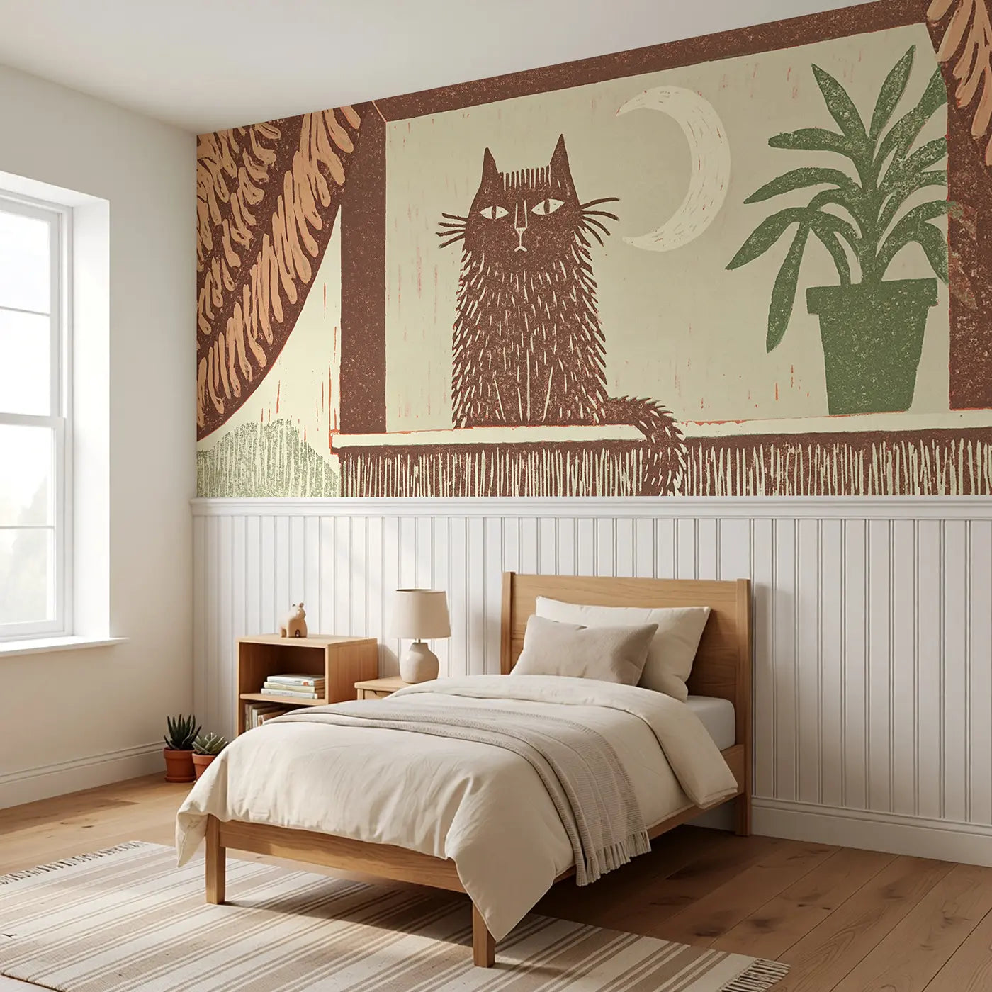 Carved Cat Window Silhouette Wainscoting Wallpaper styled in a kids bedroom by Whimsy Tots
