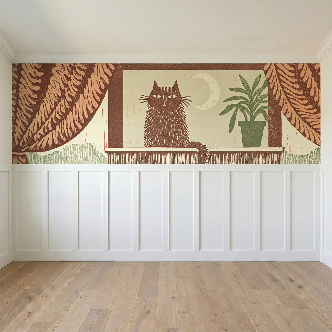 Full panel view of Carved Cat Window Silhouette Wainscoting Wallpaper by Whimsy Tots