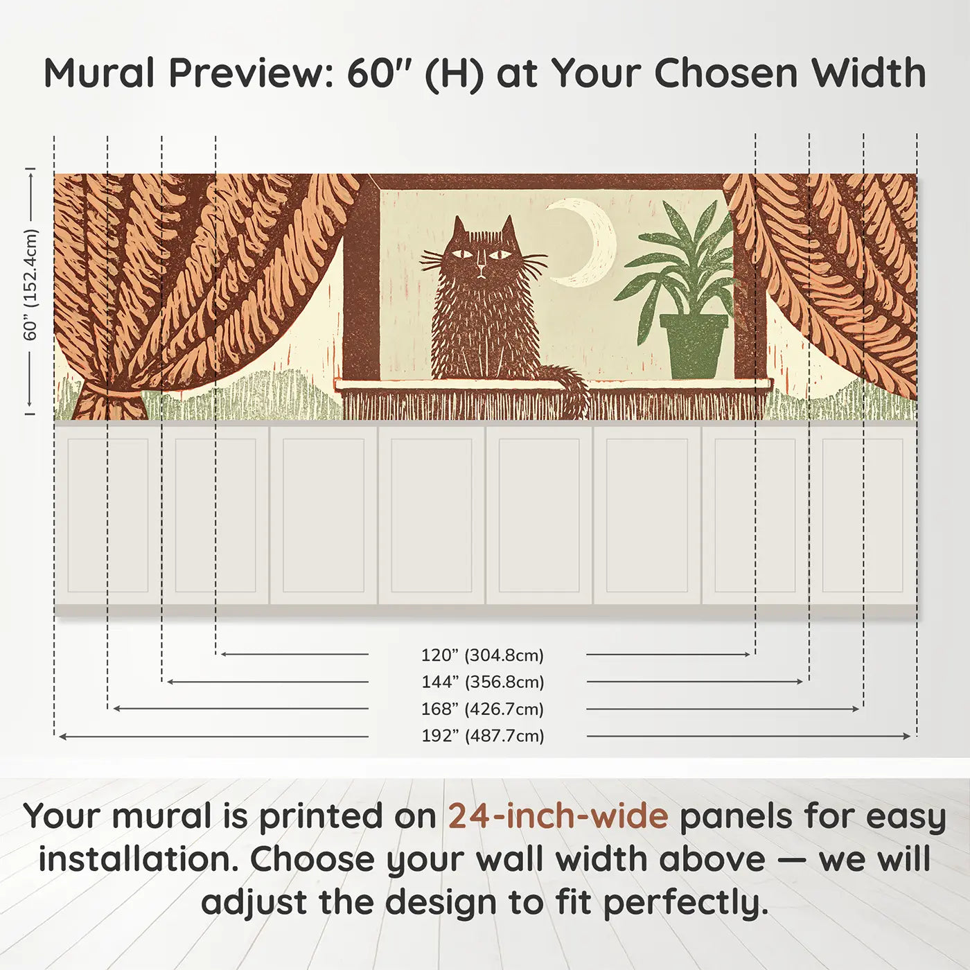 Panel dimensions for Carved Cat Window Silhouette Wainscoting Wallpaper by Whimsy Tots