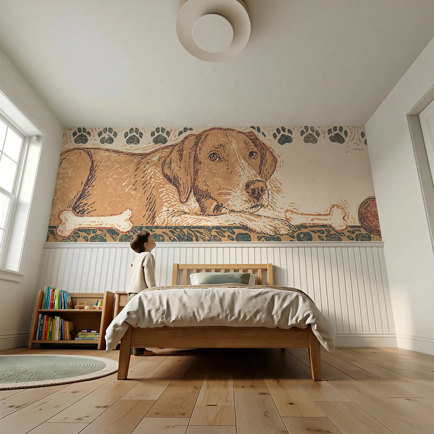 Child reading near Block Print Dog Bone Band Wainscoting Wallpaper by Whimsy Tots