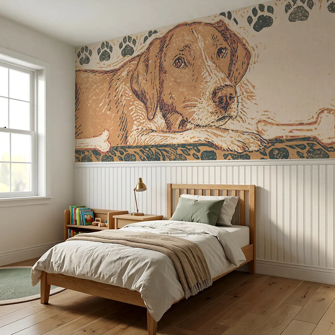 Block Print Dog Bone Band Wainscoting Wallpaper styled in a kids bedroom by Whimsy Tots