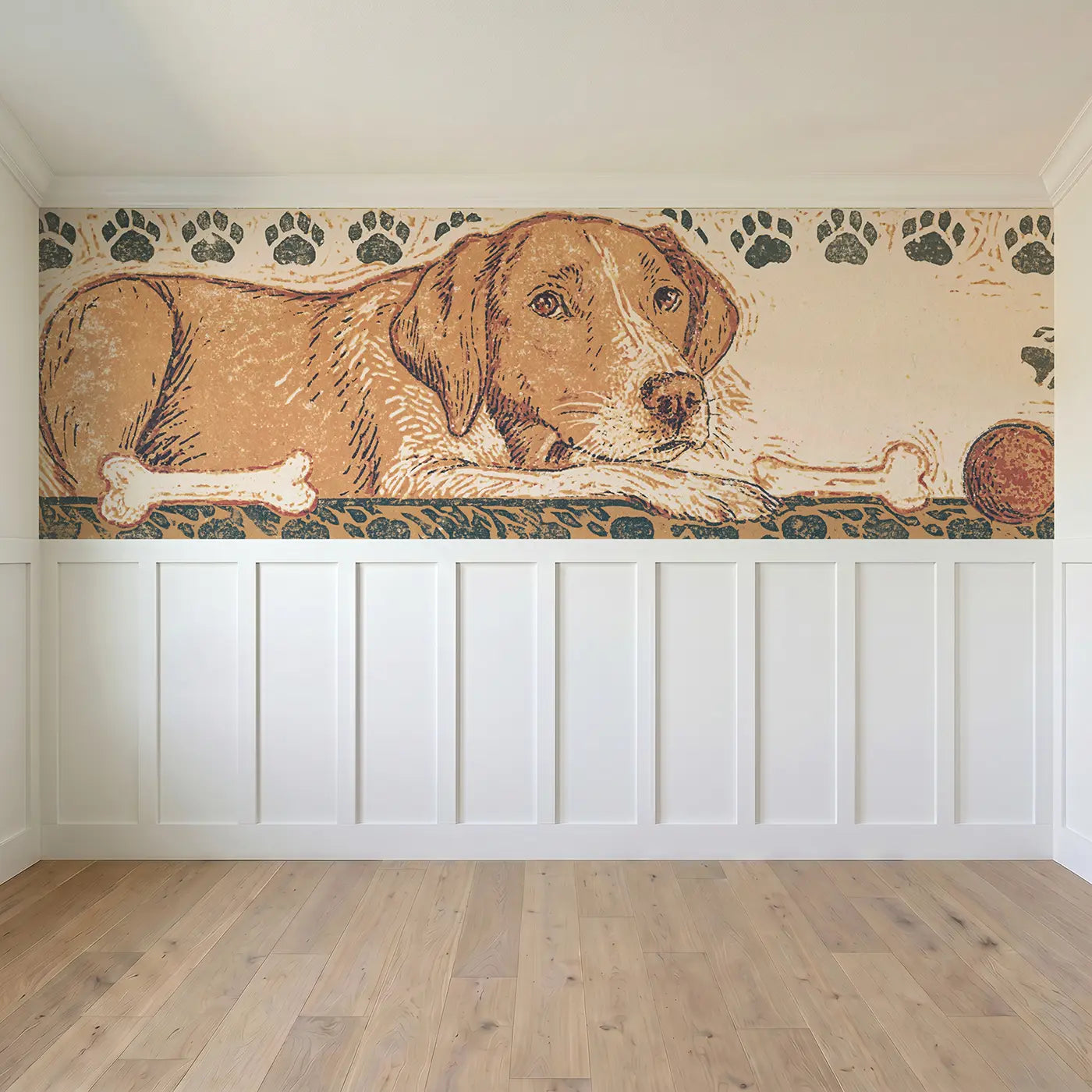 Full panel view of Block Print Dog Bone Band Wainscoting Wallpaper by Whimsy Tots