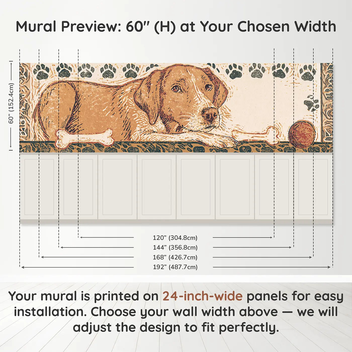 Panel dimensions for Block Print Dog Bone Band Wainscoting Wallpaper by Whimsy Tots