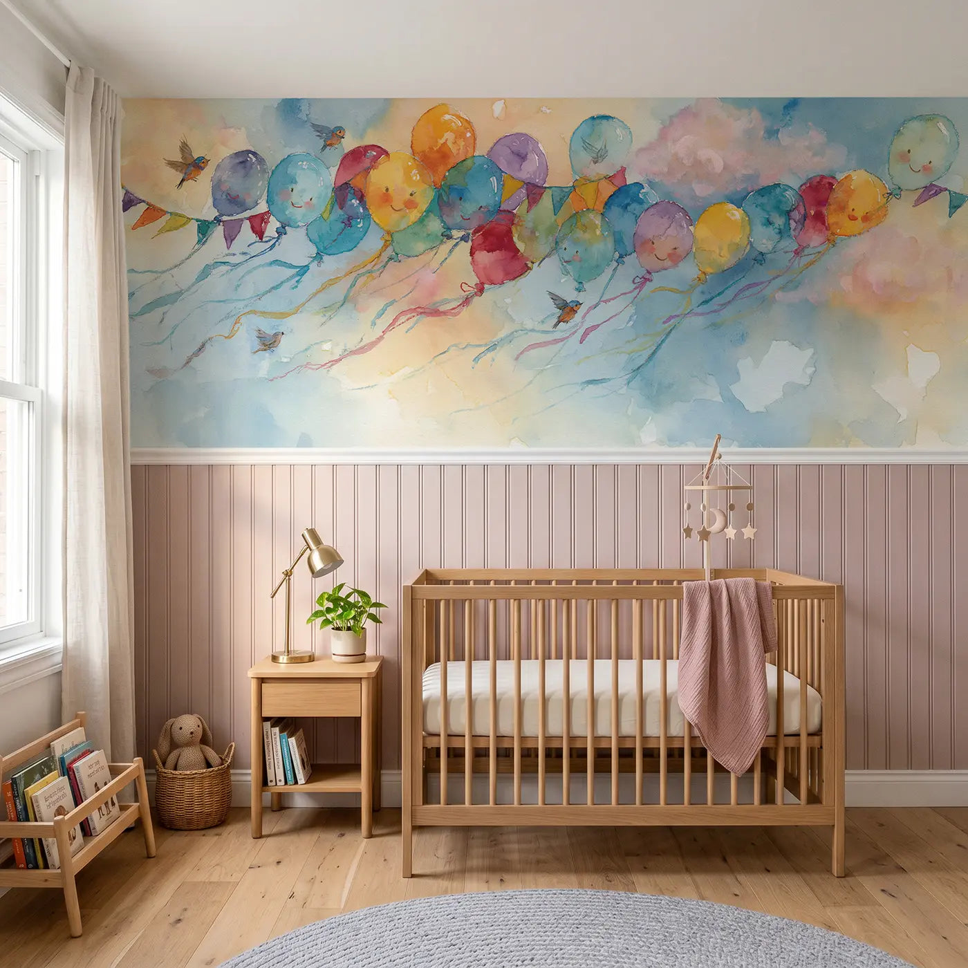 Watercolor circus sky balloon float wainscoting wallpaper for nursery by Whimsy Tots