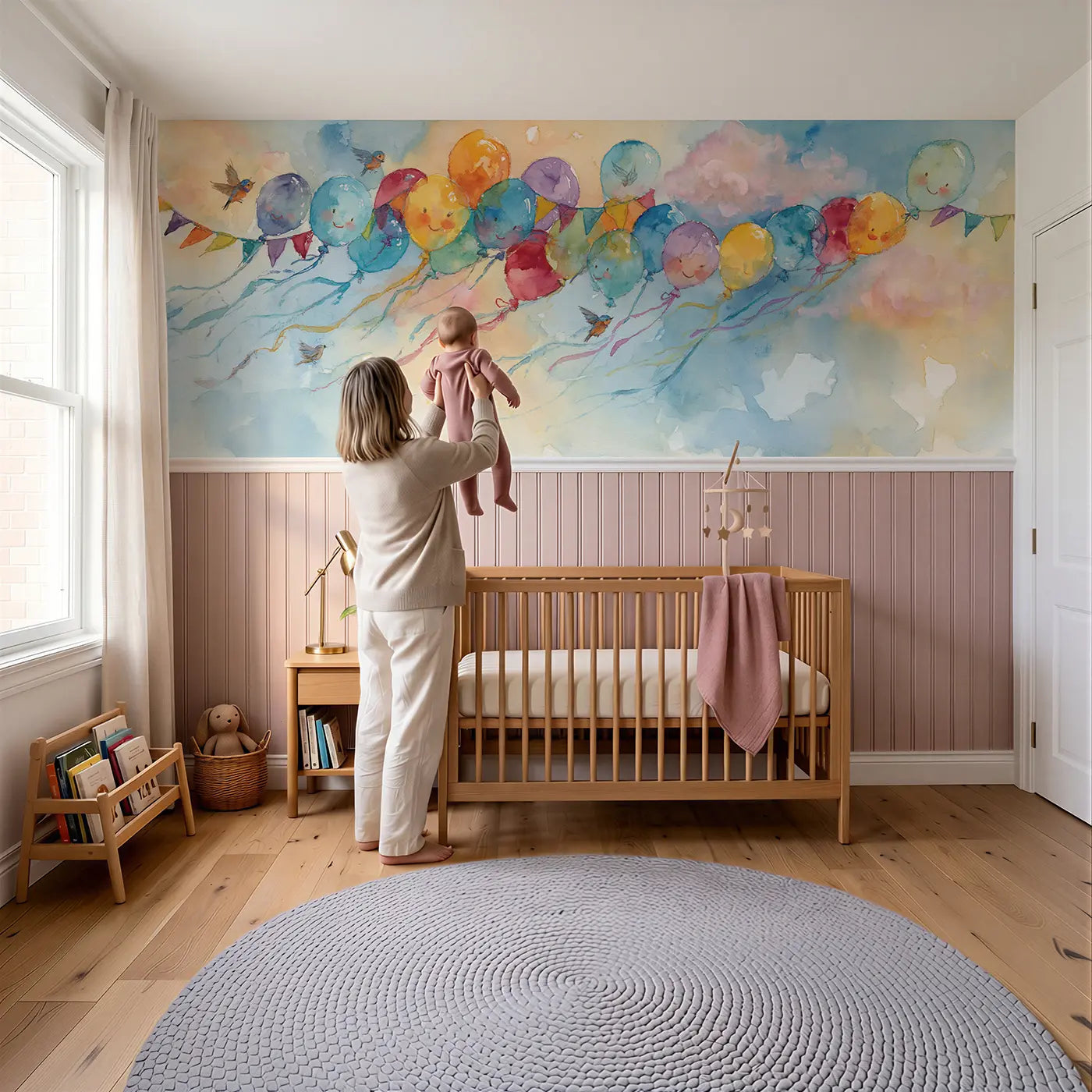 Child reading near Circus Sky Balloon Float Wainscoting Wallpaper by Whimsy Tots