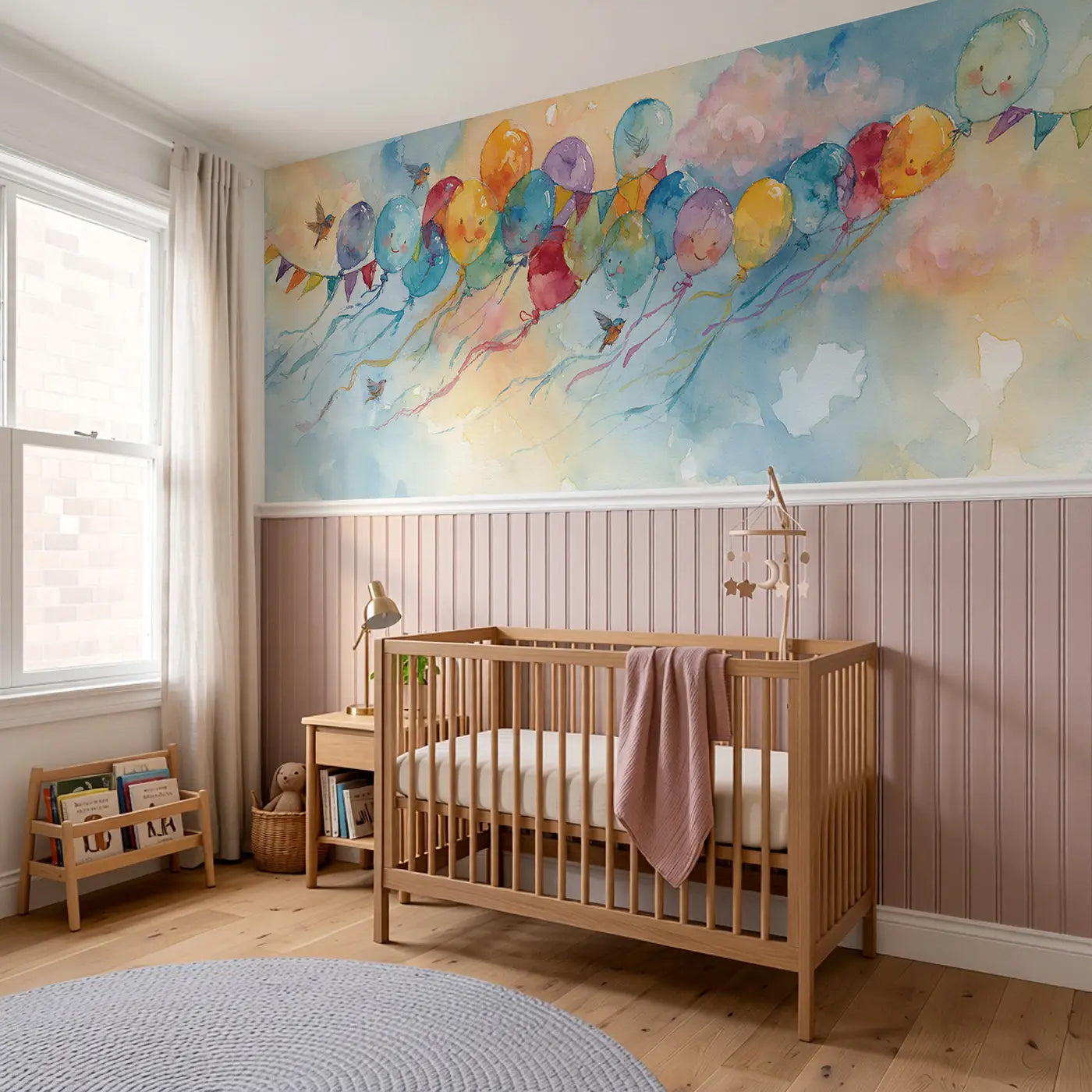 Circus Sky Balloon Float Wainscoting Wallpaper styled in a kids bedroom by Whimsy Tots