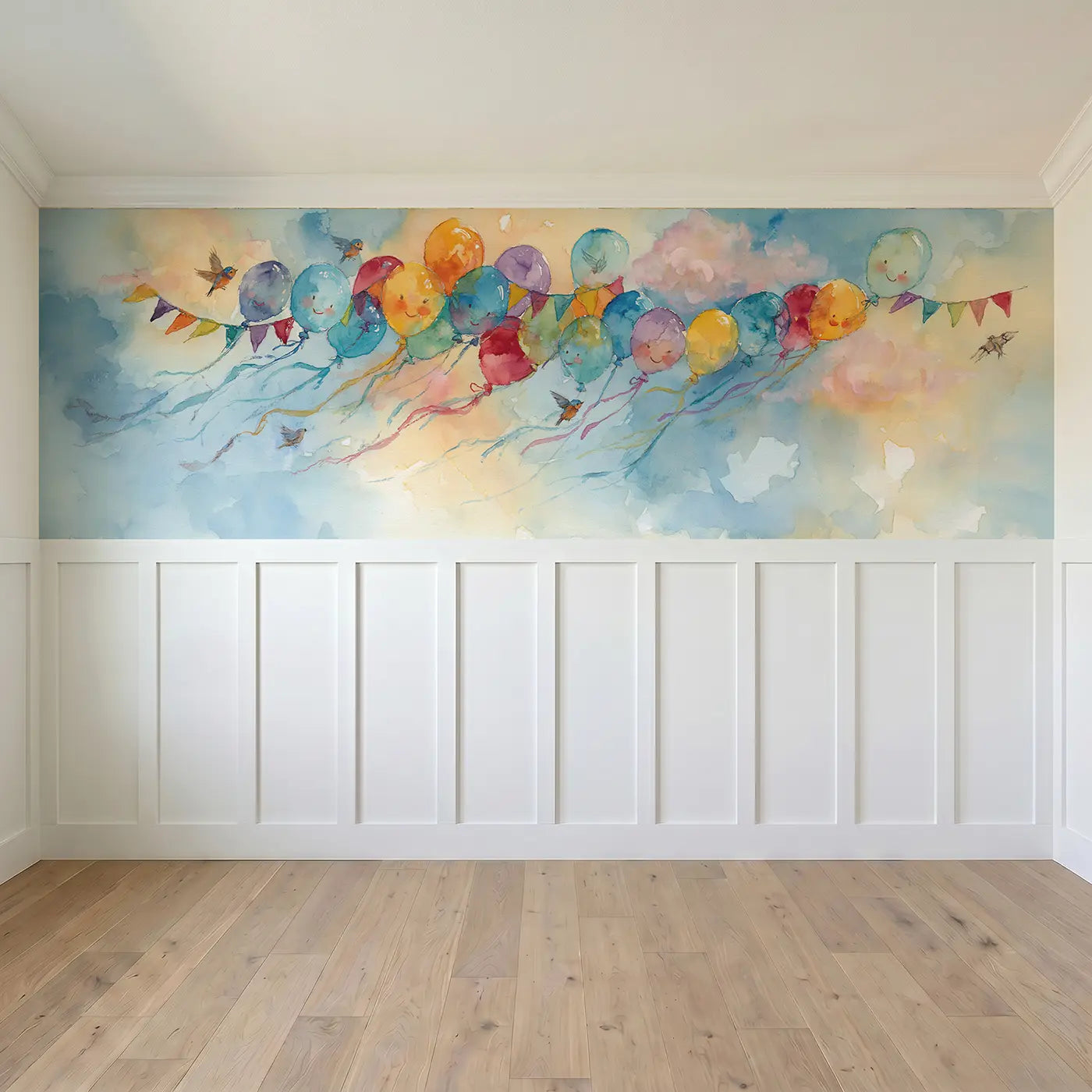Full panel view of Circus Sky Balloon Float Wainscoting Wallpaper by Whimsy Tots