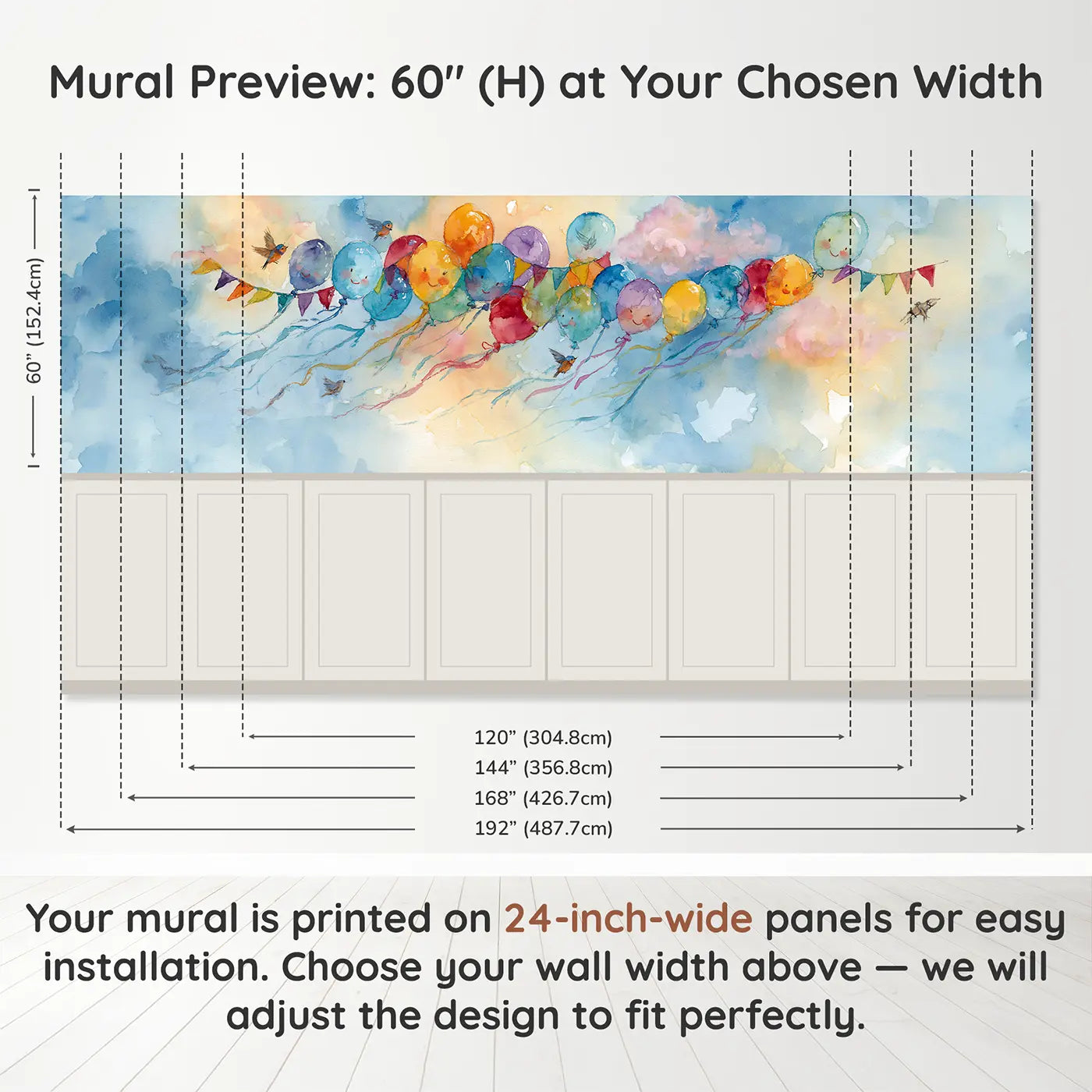 Panel dimensions for Circus Sky Balloon Float Wainscoting Wallpaper by Whimsy Tots