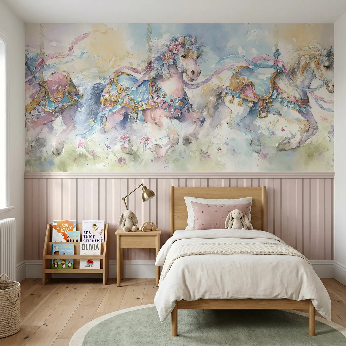 Watercolor carousel horse meadow dream wainscoting wallpaper for nursery by Whimsy Tots