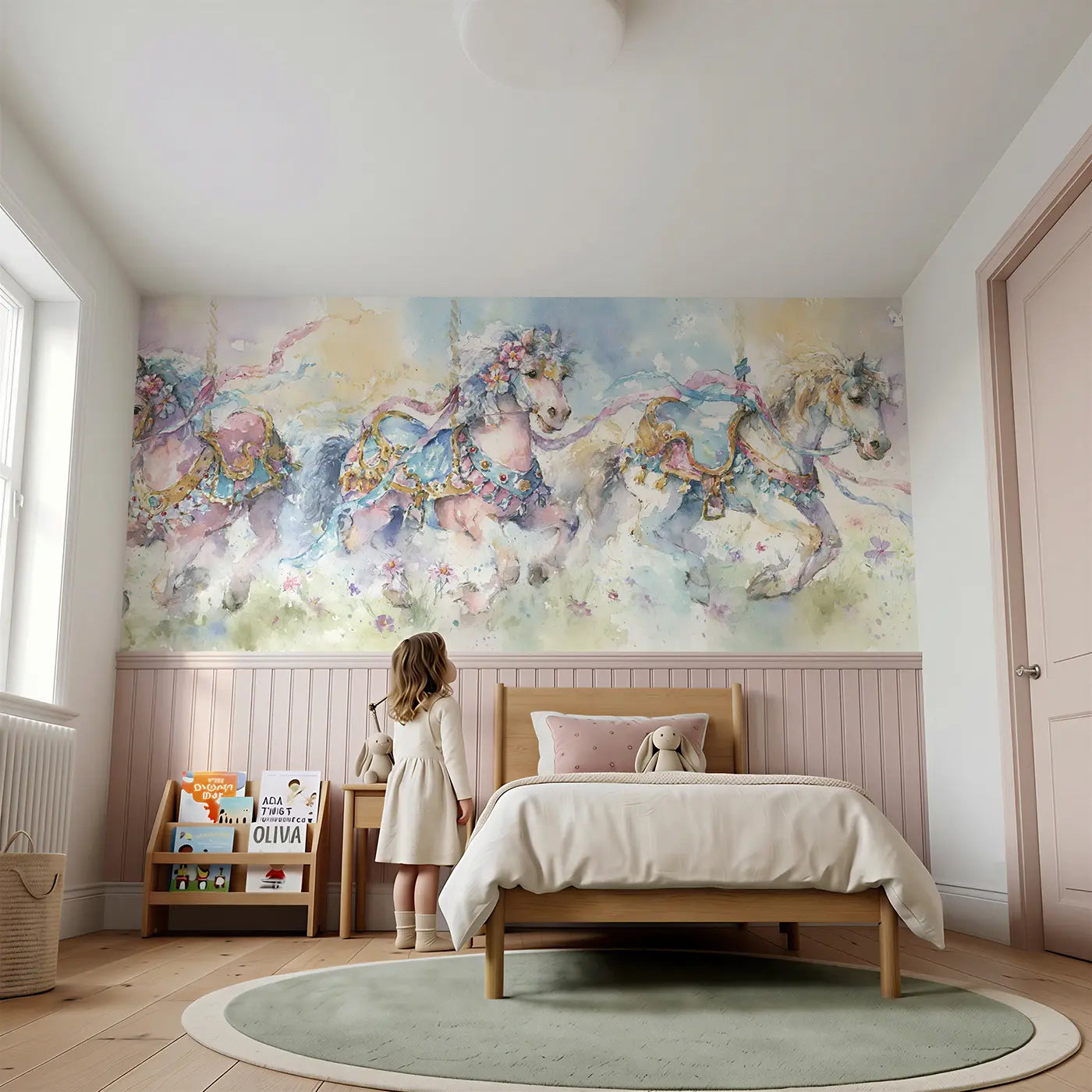 Child reading near Carousel Horse Meadow Dream Wainscoting Wallpaper by Whimsy Tots