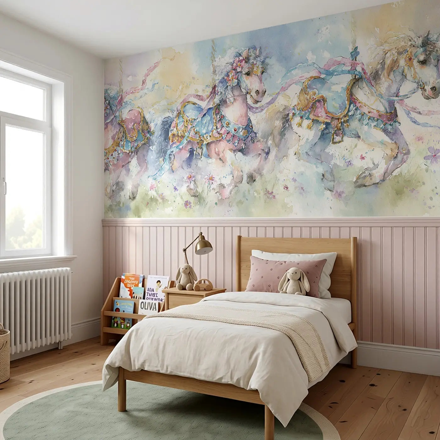 Carousel Horse Meadow Dream Wainscoting Wallpaper styled in a kids bedroom by Whimsy Tots