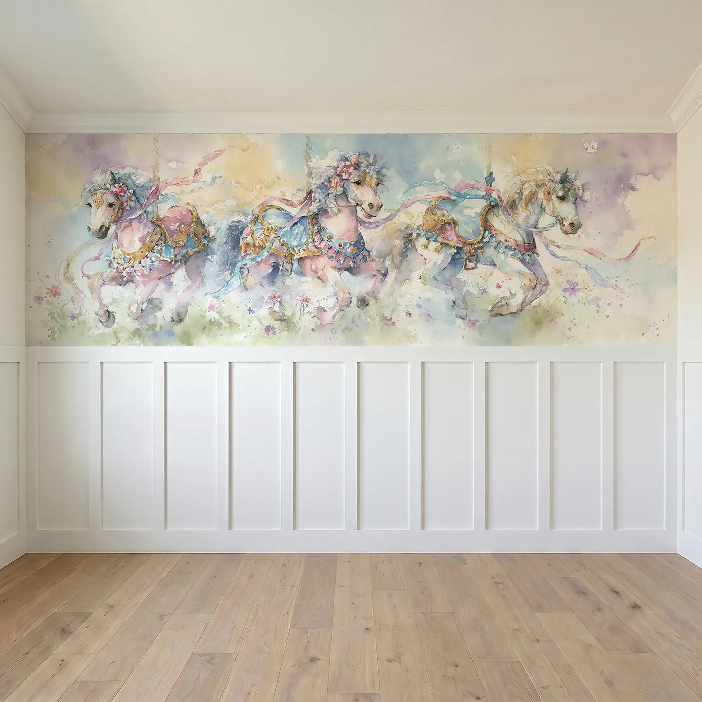 Full panel view of Carousel Horse Meadow Dream Wainscoting Wallpaper by Whimsy Tots