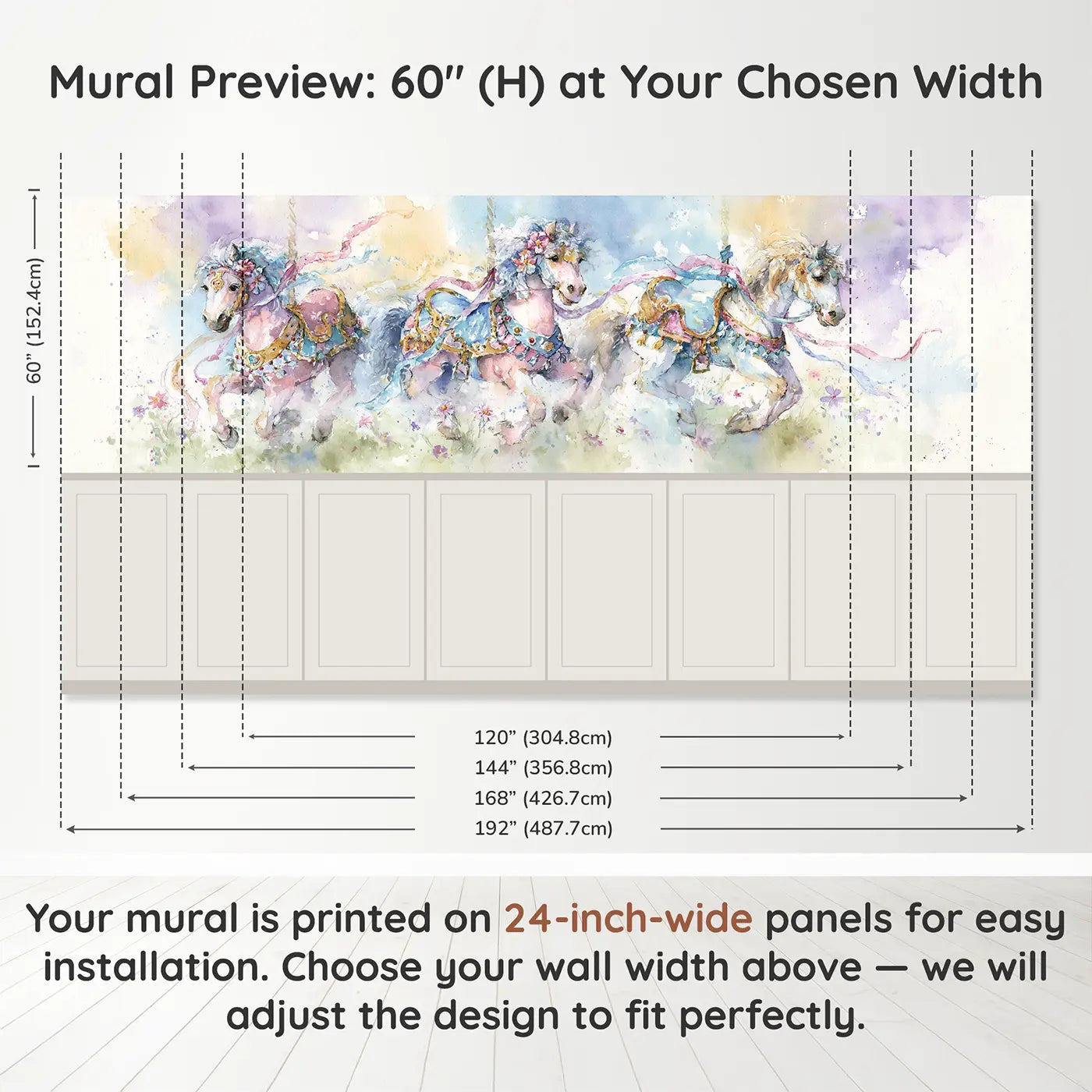 Panel dimensions for Carousel Horse Meadow Dream Wainscoting Wallpaper by Whimsy Tots