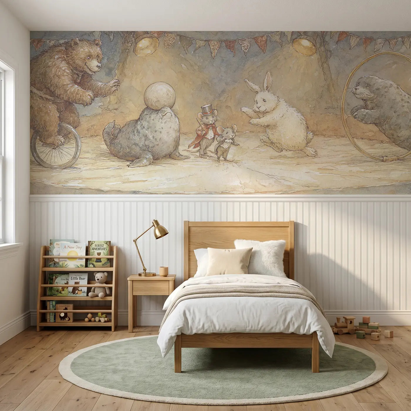 Storybook circus animal act stage wainscoting wallpaper for bedroom by Whimsy Tots