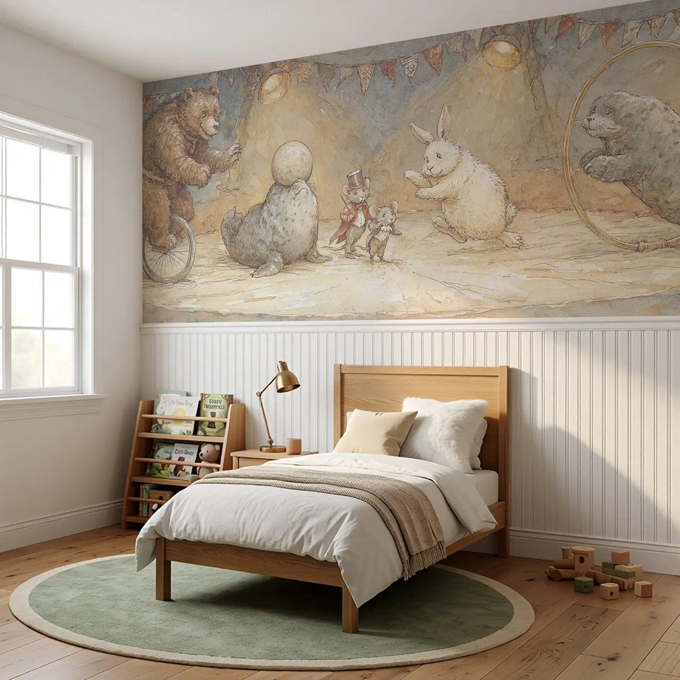 Circus Animal Act Stage Wainscoting Wallpaper styled in a kids bedroom by Whimsy Tots