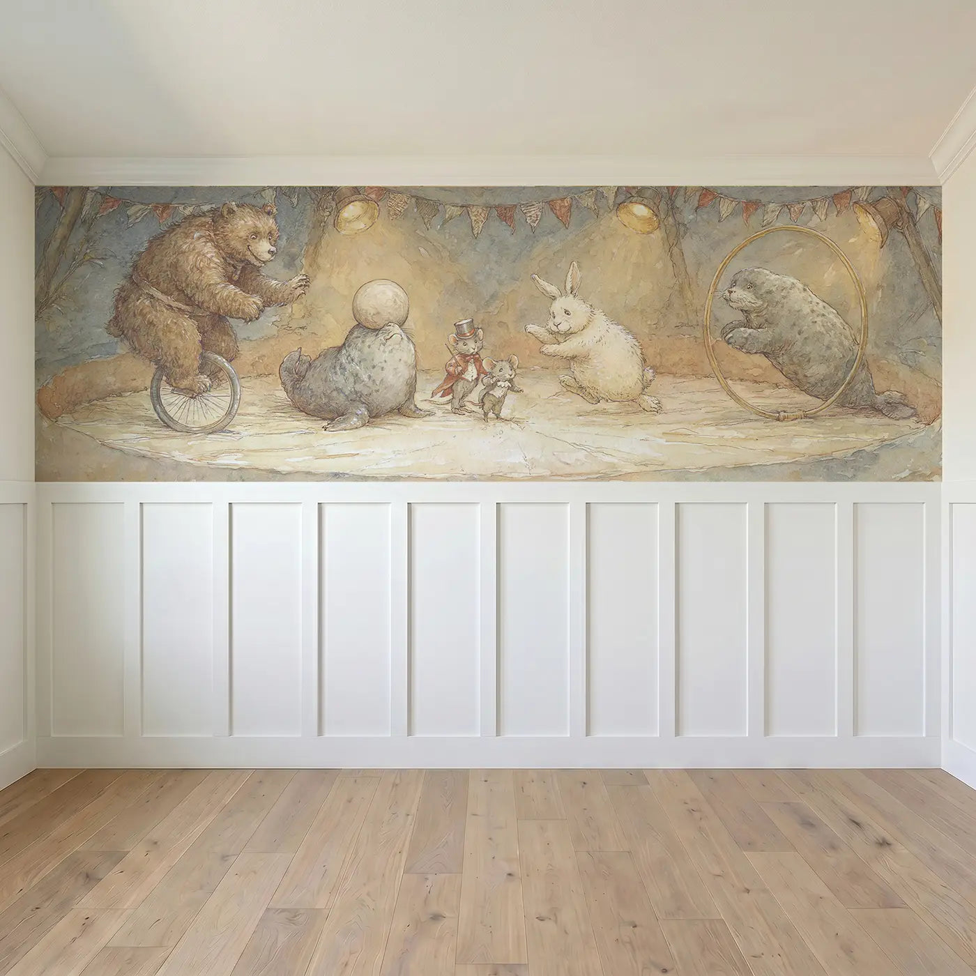 Full panel view of Circus Animal Act Stage Wainscoting Wallpaper by Whimsy Tots