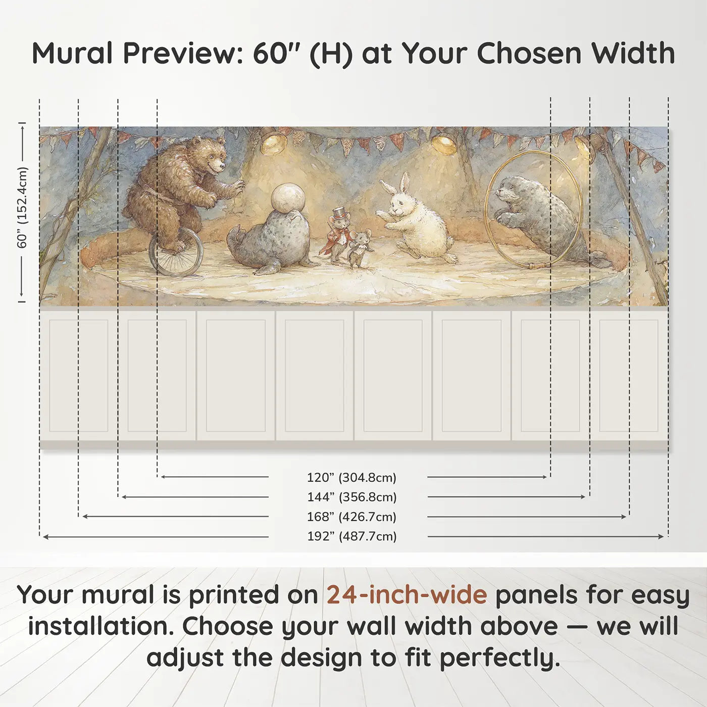 Panel dimensions for Circus Animal Act Stage Wainscoting Wallpaper by Whimsy Tots