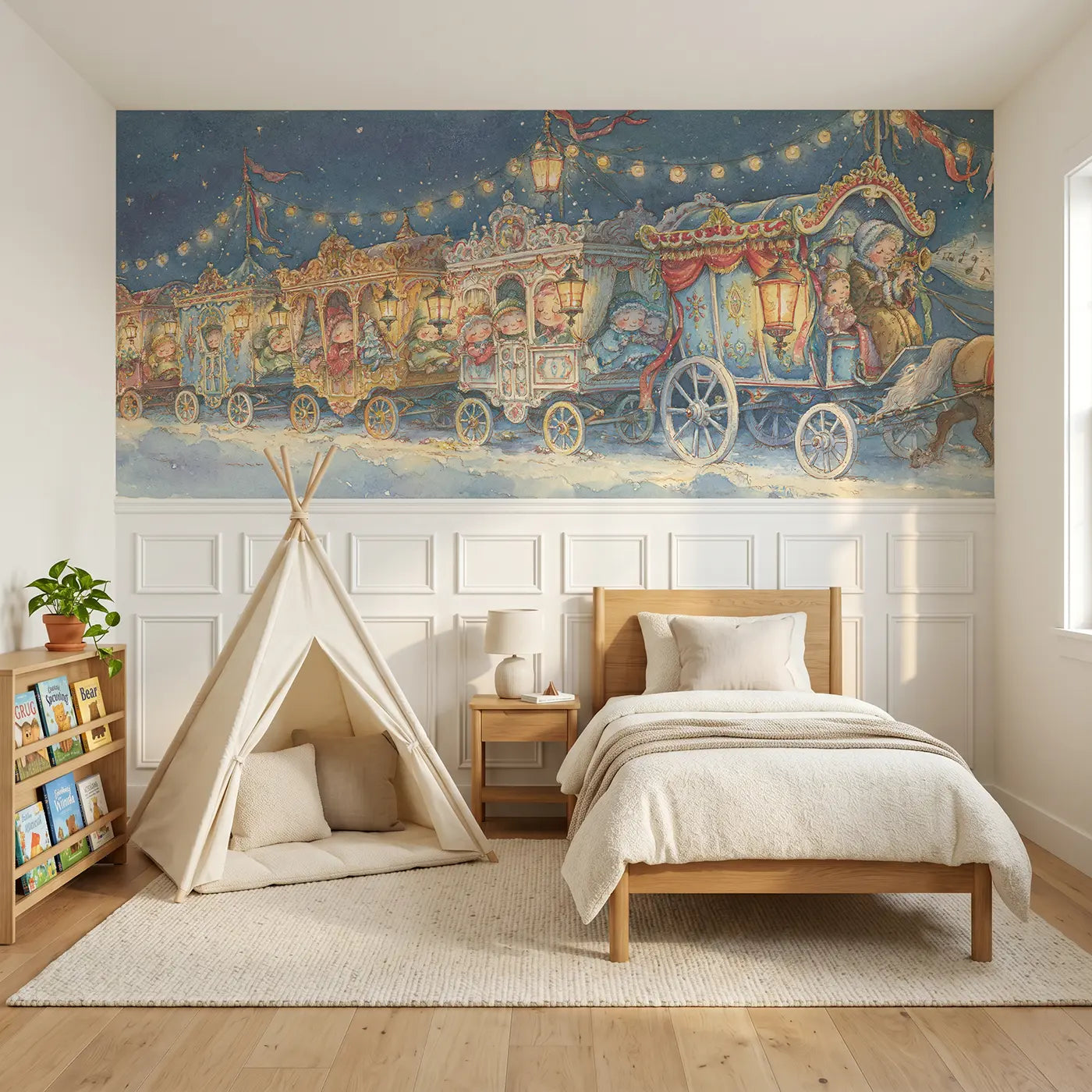 Storybook carnival wagon night parade wainscoting wallpaper for bedroom by Whimsy Tots