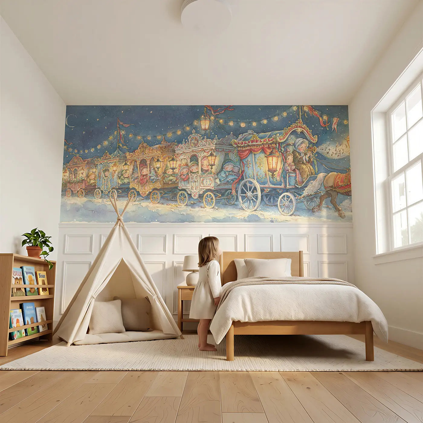 Child reading near Carnival Wagon Night Parade Wainscoting Wallpaper by Whimsy Tots