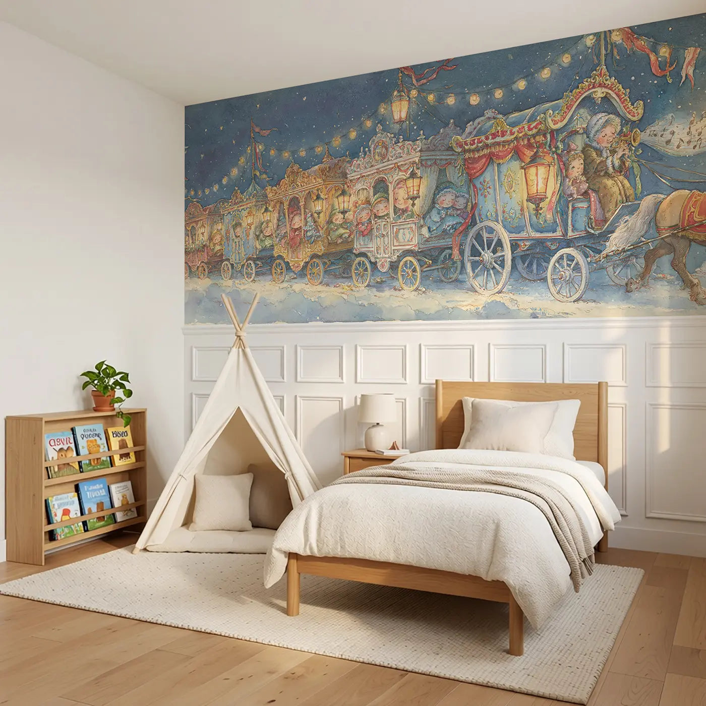 Carnival Wagon Night Parade Wainscoting Wallpaper styled in a kids bedroom by Whimsy Tots