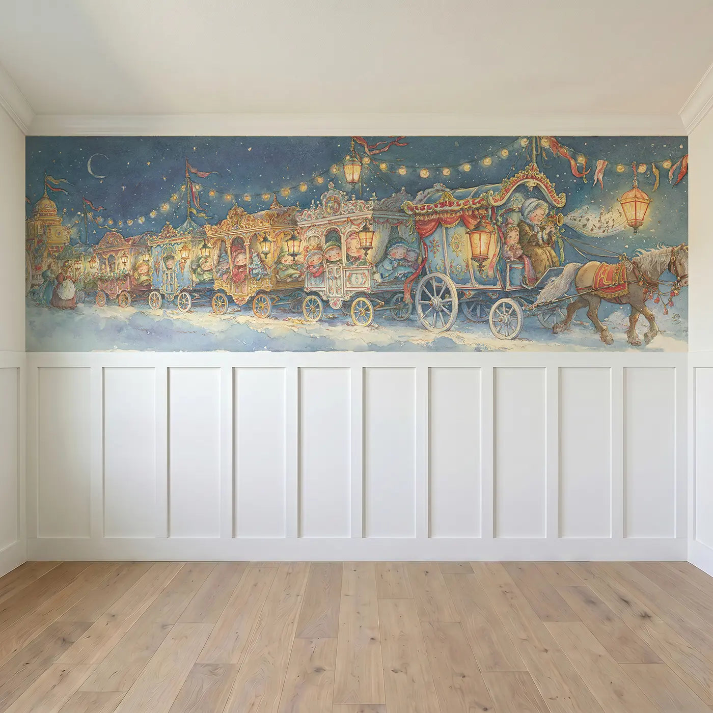 Full panel view of Carnival Wagon Night Parade Wainscoting Wallpaper by Whimsy Tots