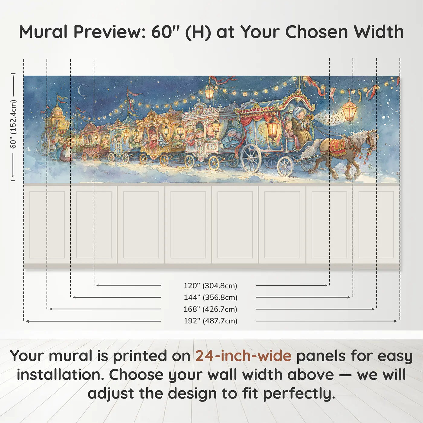Panel dimensions for Carnival Wagon Night Parade Wainscoting Wallpaper by Whimsy Tots