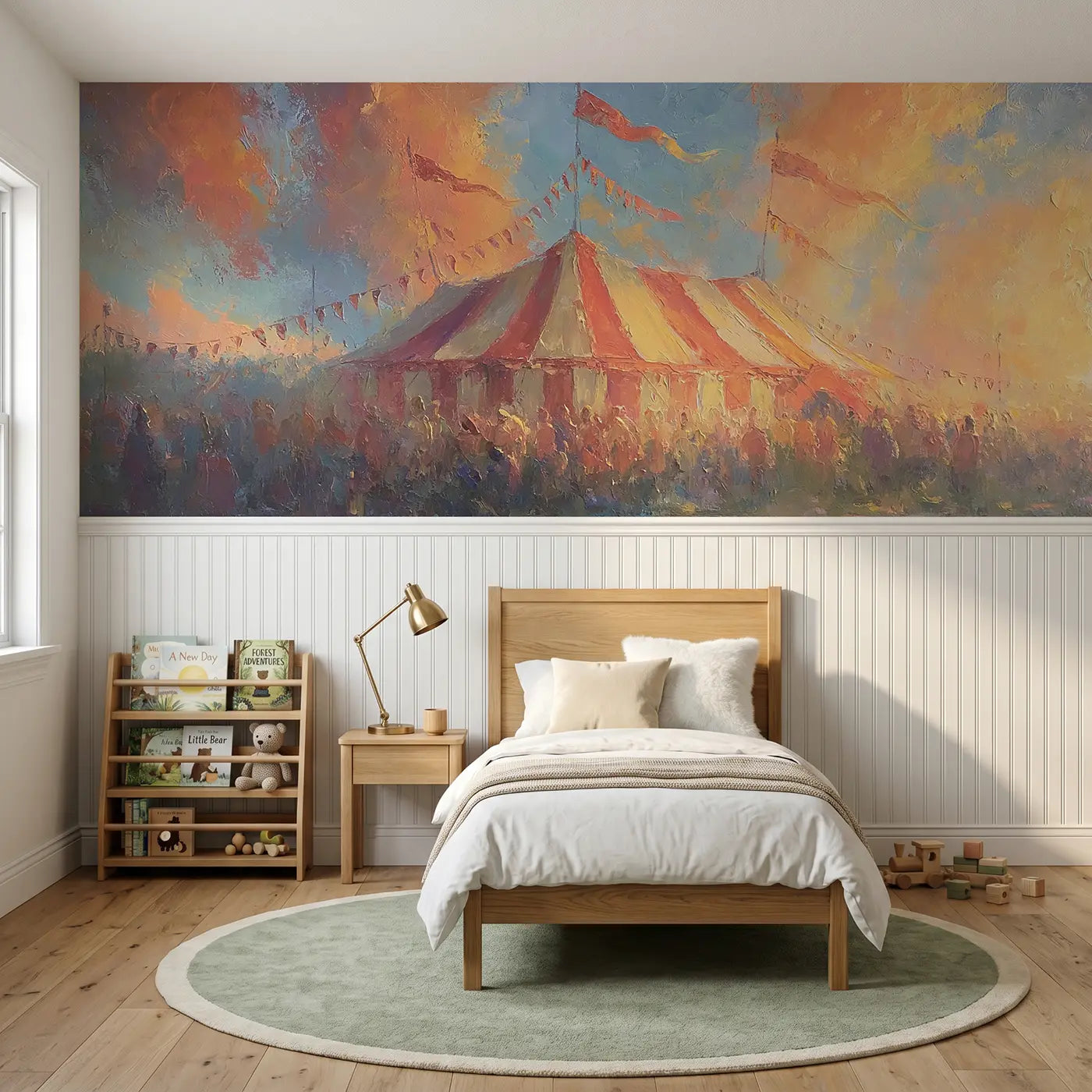 Painted Landscape big top sunset drama wainscoting wallpaper for bedroom by Whimsy Tots
