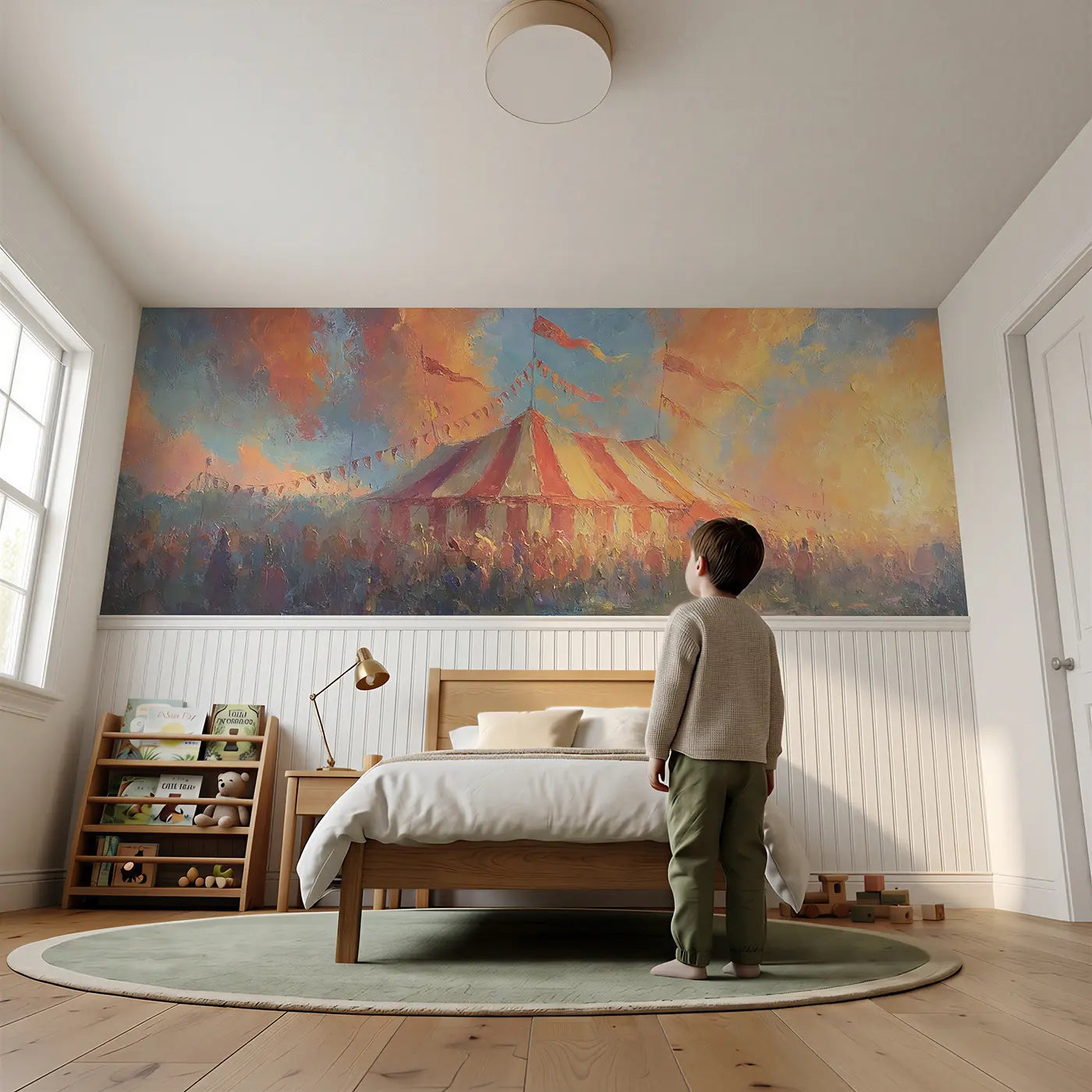 Child reading near Big Top Sunset Drama Oil Wainscoting Wallpaper by Whimsy Tots
