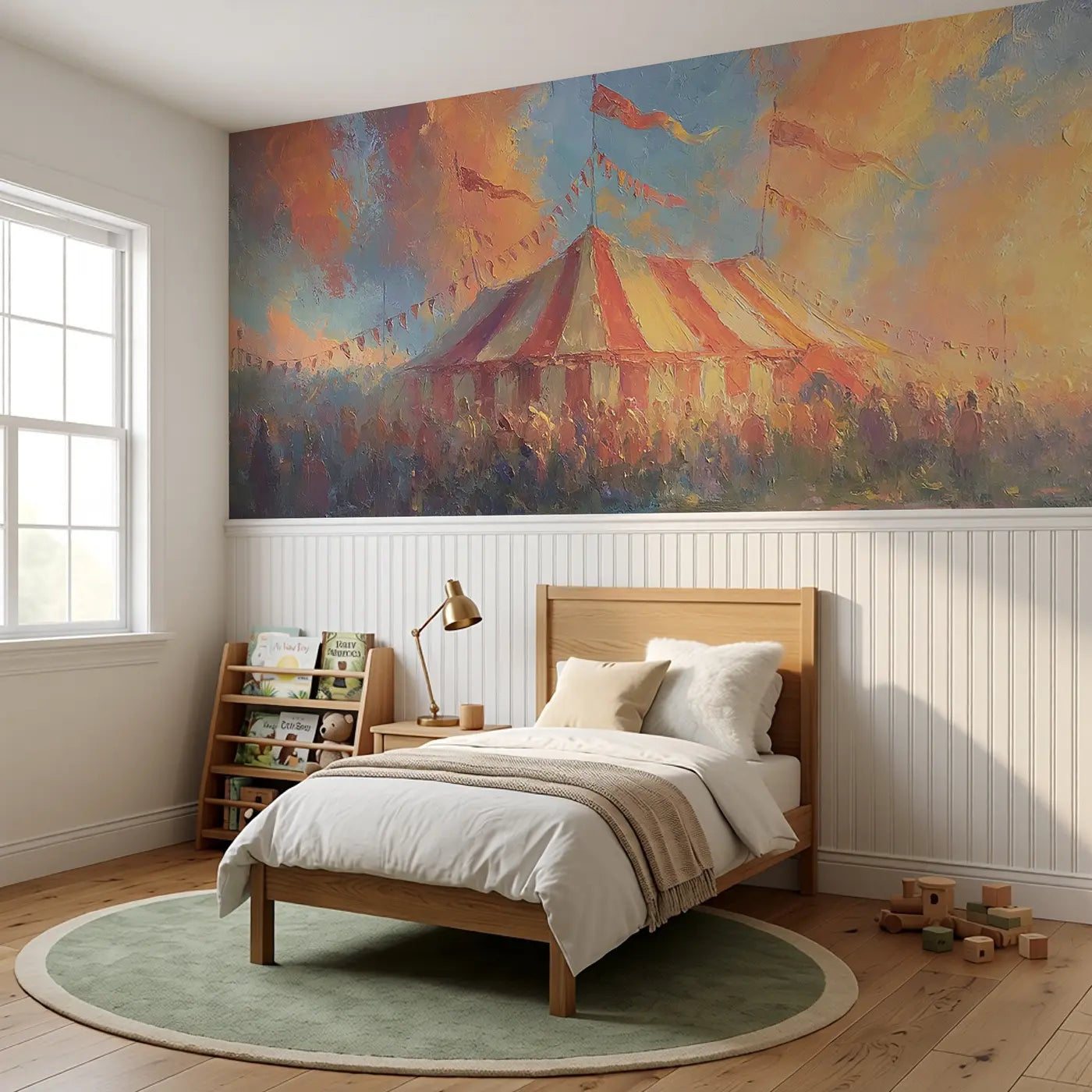 Big Top Sunset Drama Oil Wainscoting Wallpaper styled in a kids bedroom by Whimsy Tots