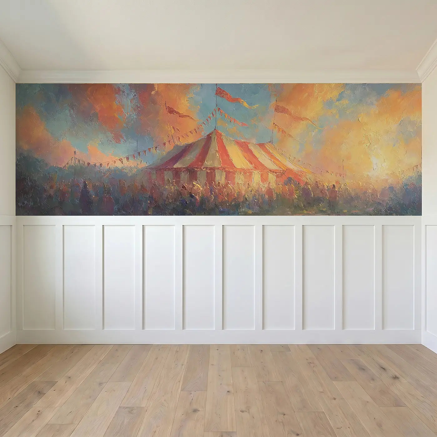 Full panel view of Big Top Sunset Drama Oil Wainscoting Wallpaper by Whimsy Tots