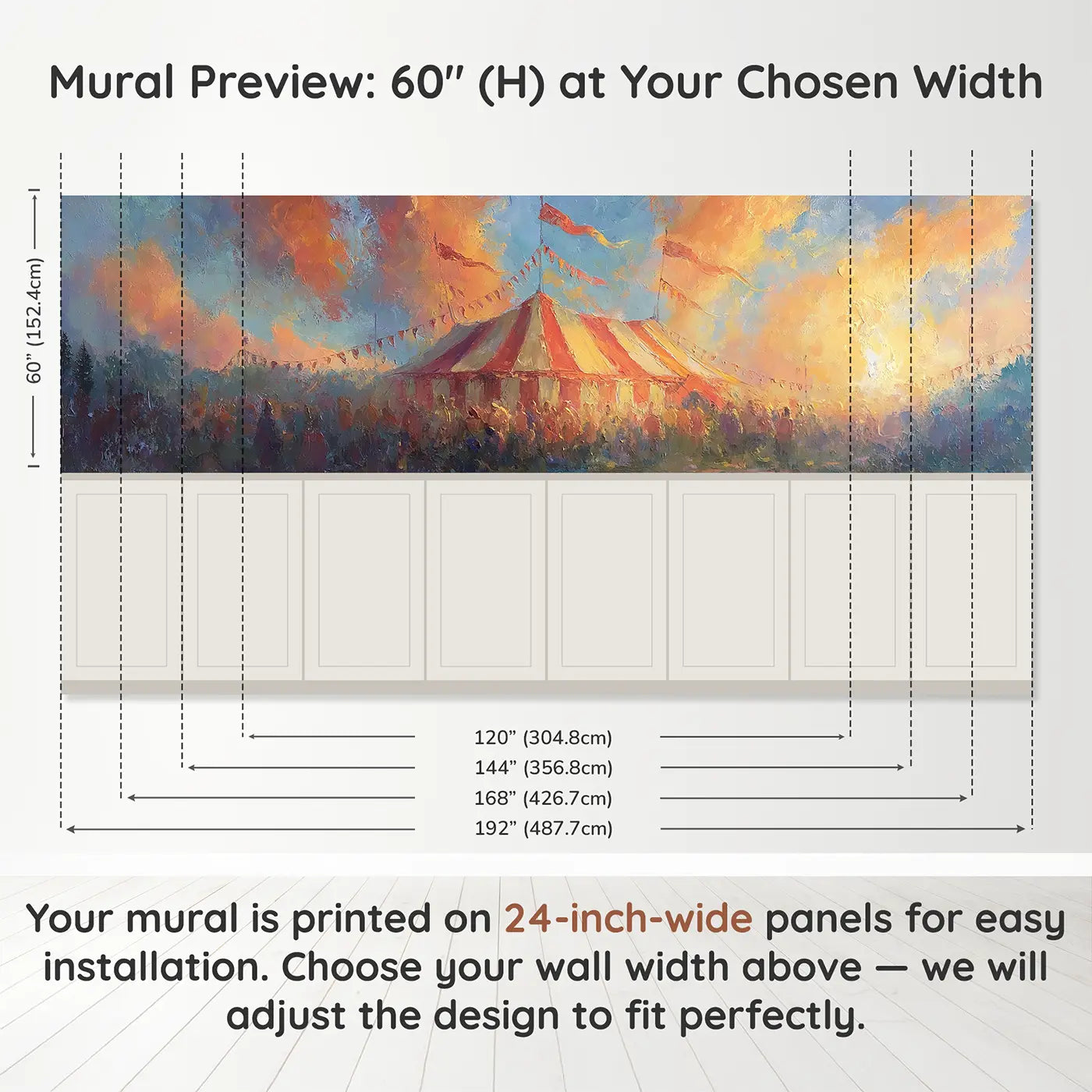 Panel dimensions for Big Top Sunset Drama Oil Wainscoting Wallpaper by Whimsy Tots
