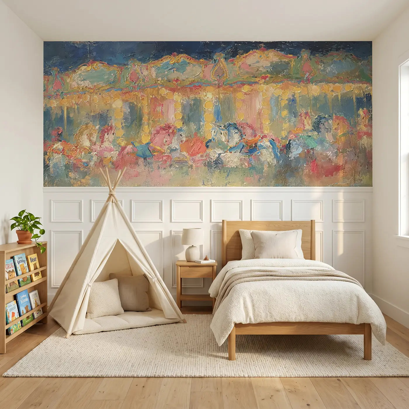 Painted Landscape carousel night golden wainscoting wallpaper for bedroom by Whimsy Tots